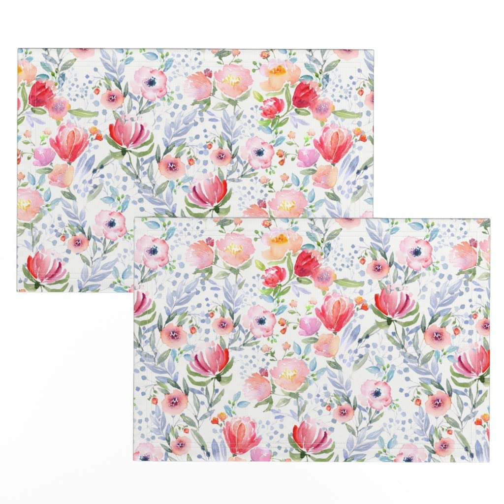 Linen Cotton Canvas Placemats Set of 2 - Watercolor Floral Pattern Summer Garden Roses Print Table Mats for Dining Room Decor, Kitchen Table Setting, Party & Home Decoration