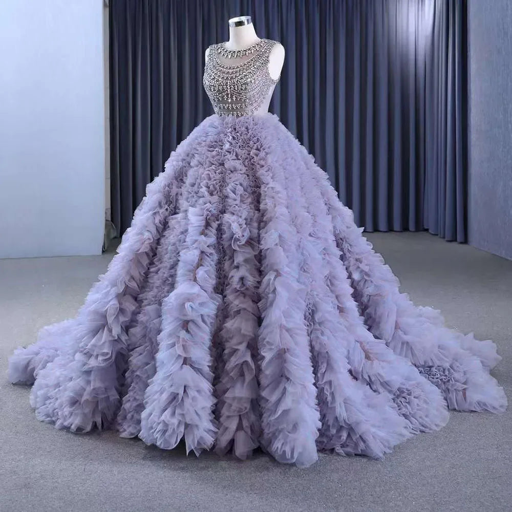 Serene Hill Muslim Purple Lace Up Beaded Luxury Ball Gown - Elegant Bridal Wedding Dress 2025 | High-End Custom Made HM222115 | Perfect for Muslim Weddings, Formal Events & Special Occasions