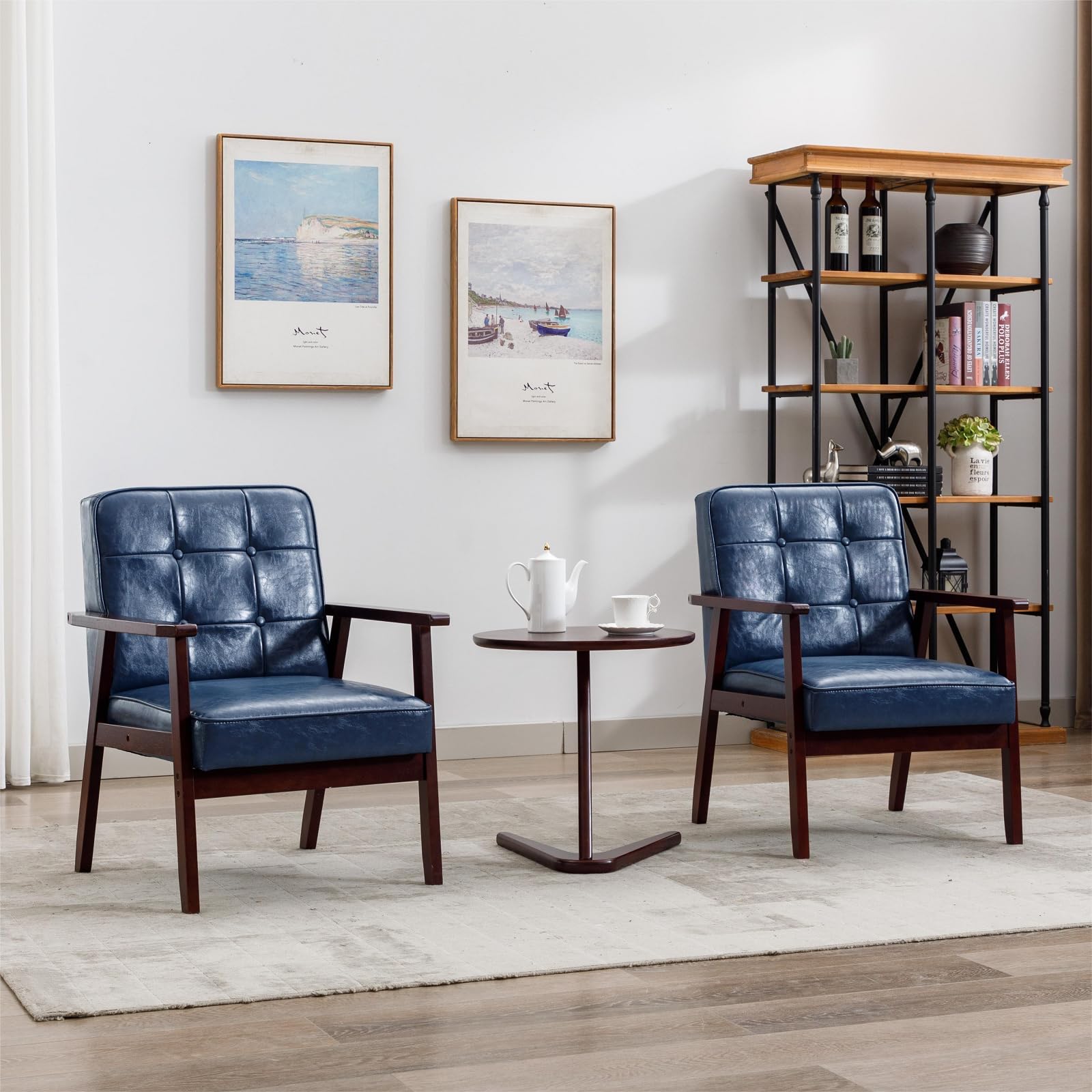 Okeysen Mid-Century Modern Leather Accent Chairs Set of 2 - Retro Blue Armchairs with Cushions & Solid Wood Frame for Living Room, Lounge, Office or Reading Nook
