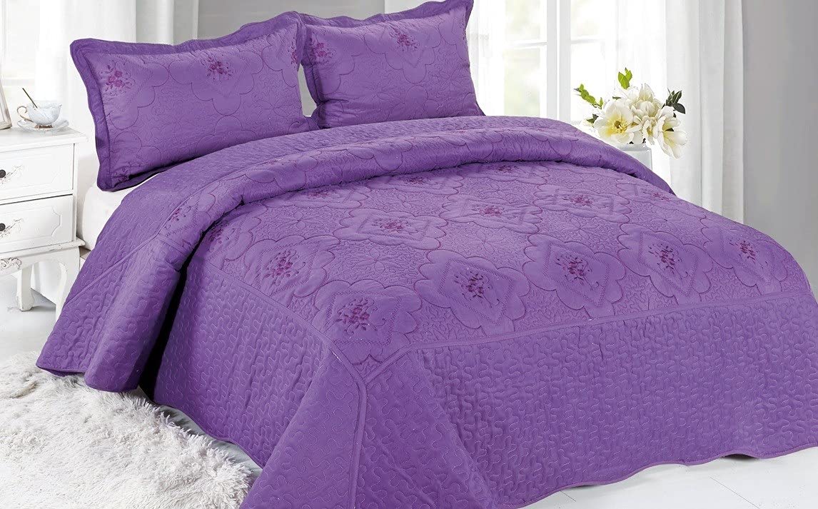 Premium 3-Piece Embroidered Quilt Set - Full/Queen Size Purple Bedding for Cozy Nights