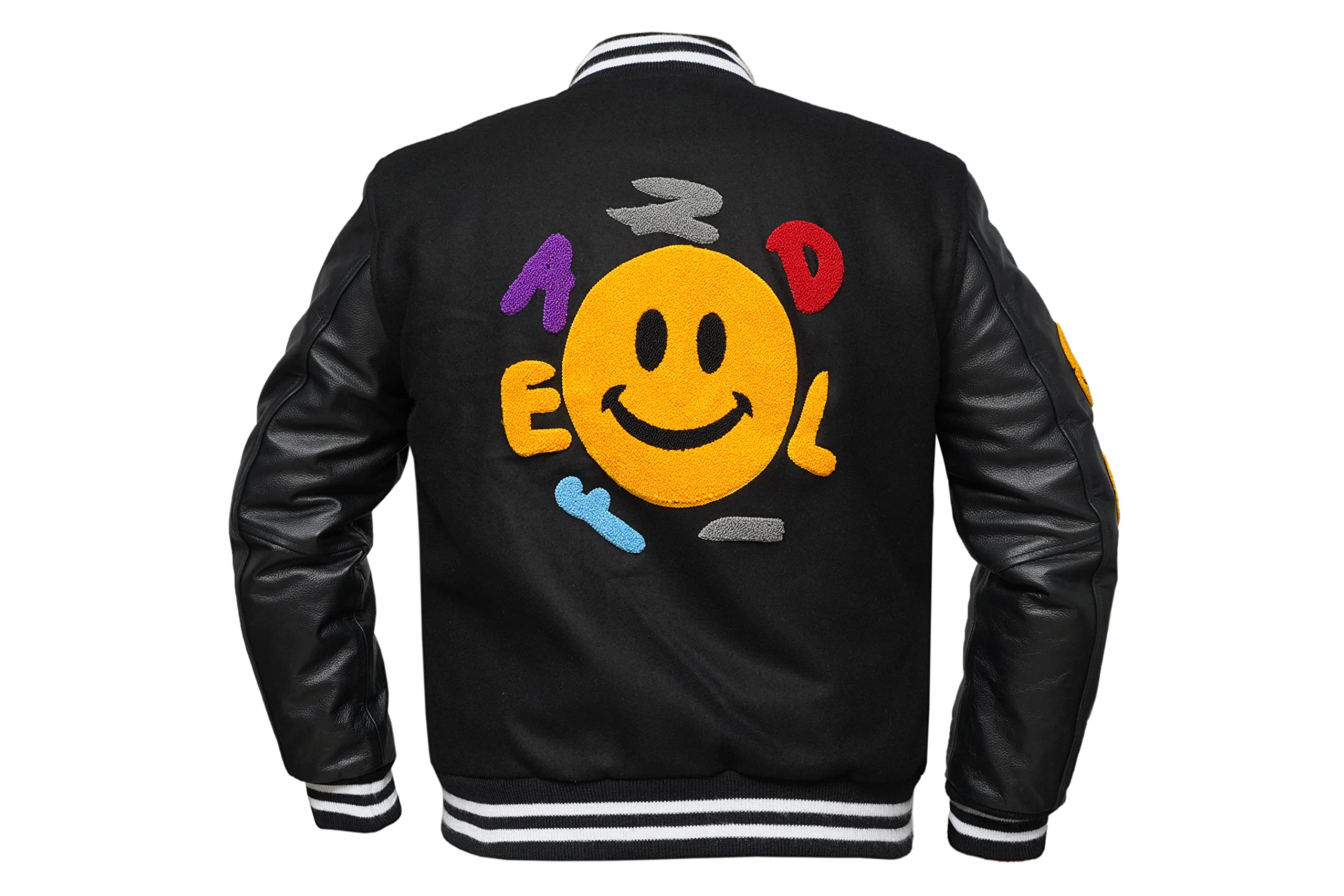 Smiley Varsity Jacket - Premium Black Wool & Genuine Leather Sleeves Baseball Letterman Bomber for Men & Women | Perfect for School, College, Sports Events & Casual Streetwear