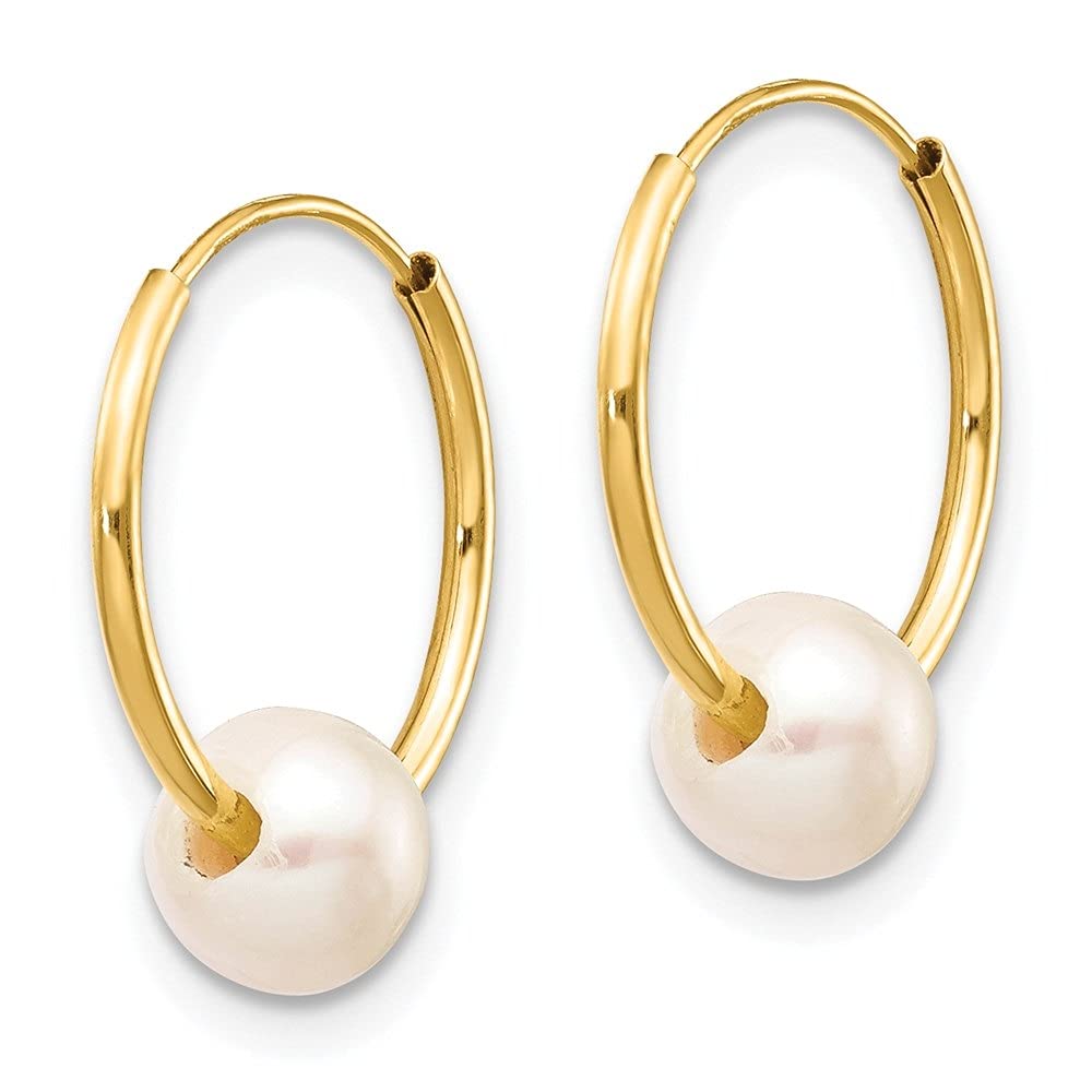 14K Yellow Gold White Freshwater Cultured Pearl Hoop Earrings for Women - 5-6mm Endless Circle Design, Elegant Fine Jewelry Gift for Anniversary, Wedding & Special Occasions