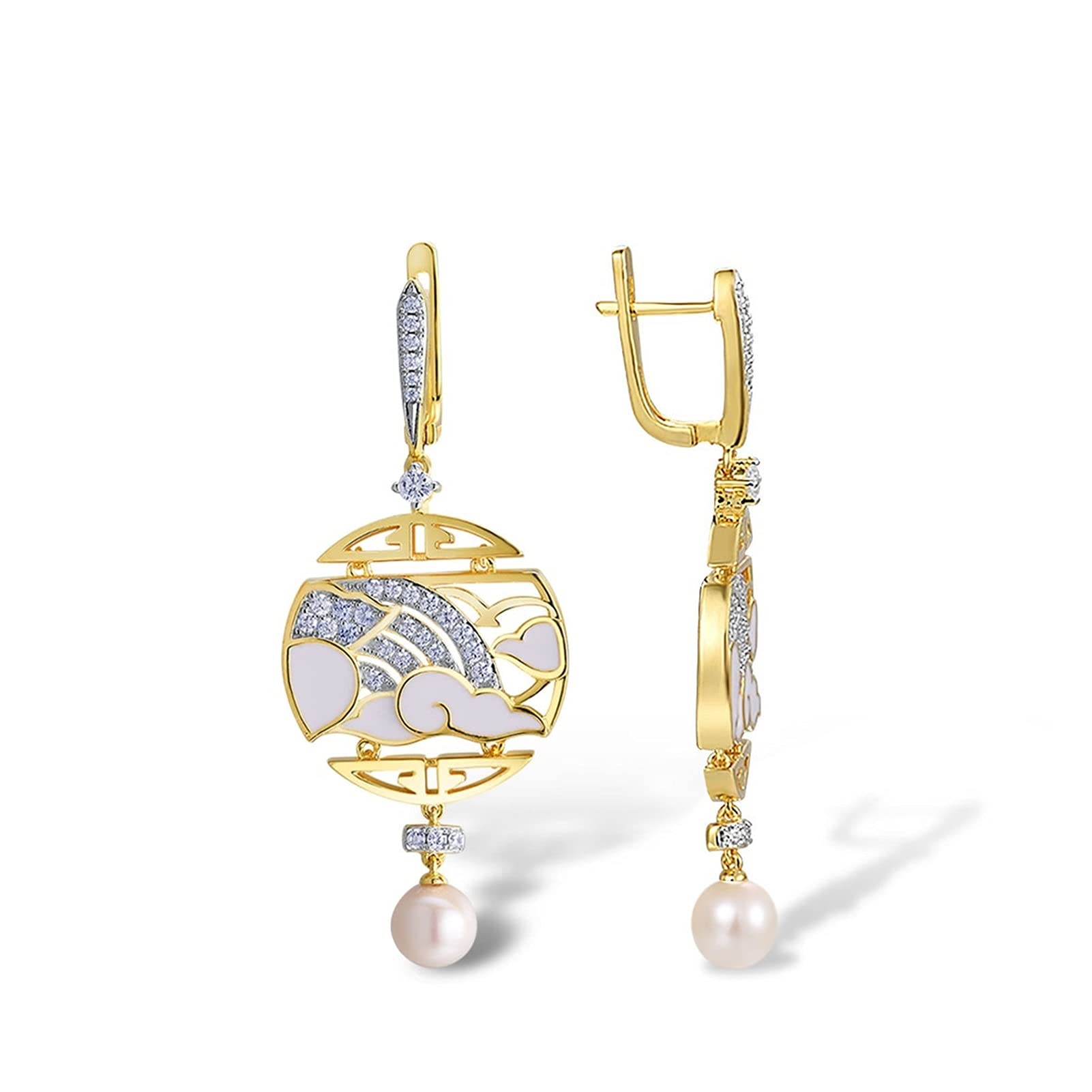 925 Sterling Silver Dangling Earrings for Women - Handmade Round Pearl & White Enamel Cloud Design Chic Fine Jewelry | Elegant Gift for Her, Wedding, Party & Daily Wear