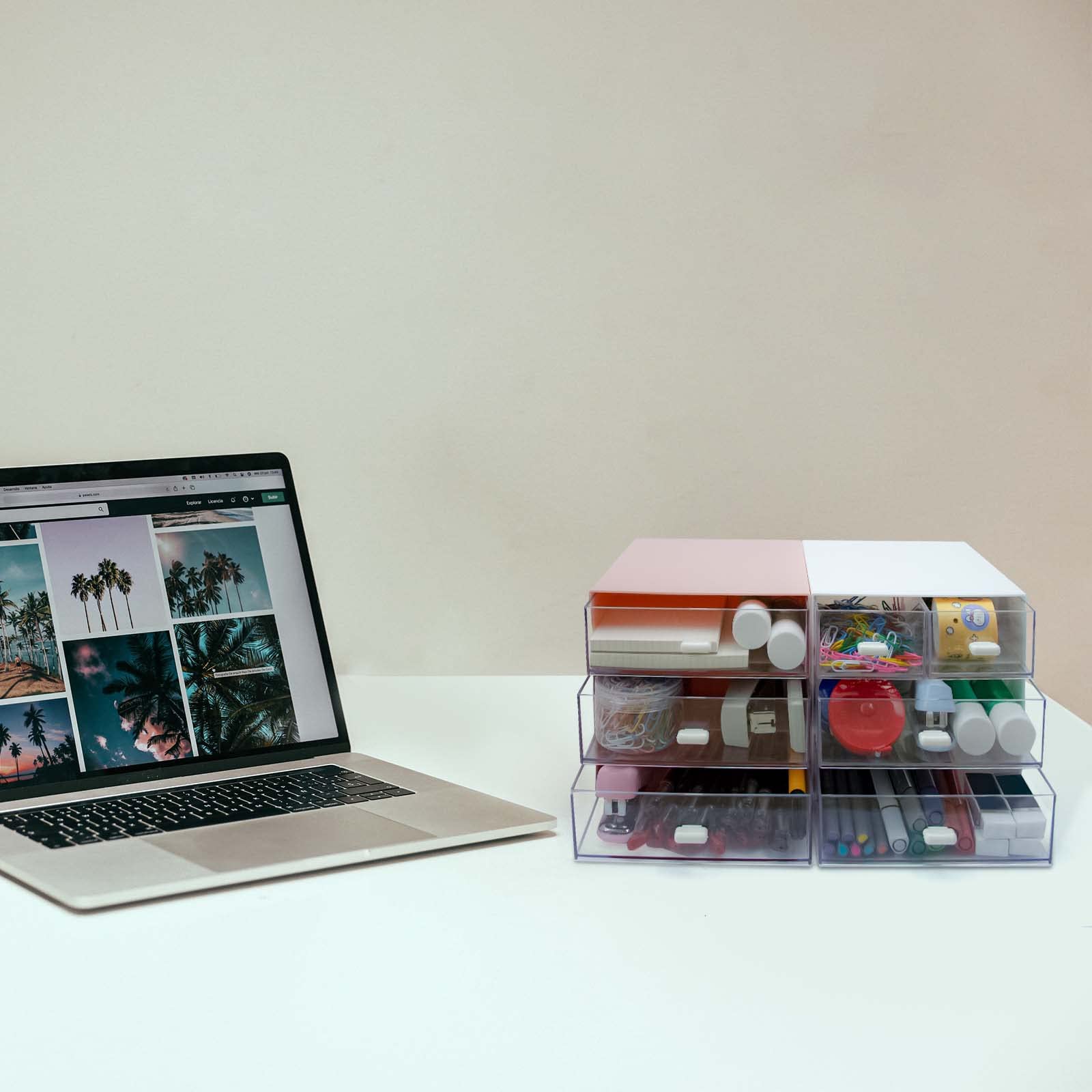 4-Drawer White Plastic Desk Organizer with Storage Box - Office, School & Home Stationery Supplies Organizer for Pens, Paper Clips & Small Accessories - Perfect for Workspace, Study Desk & Craft Room Organization