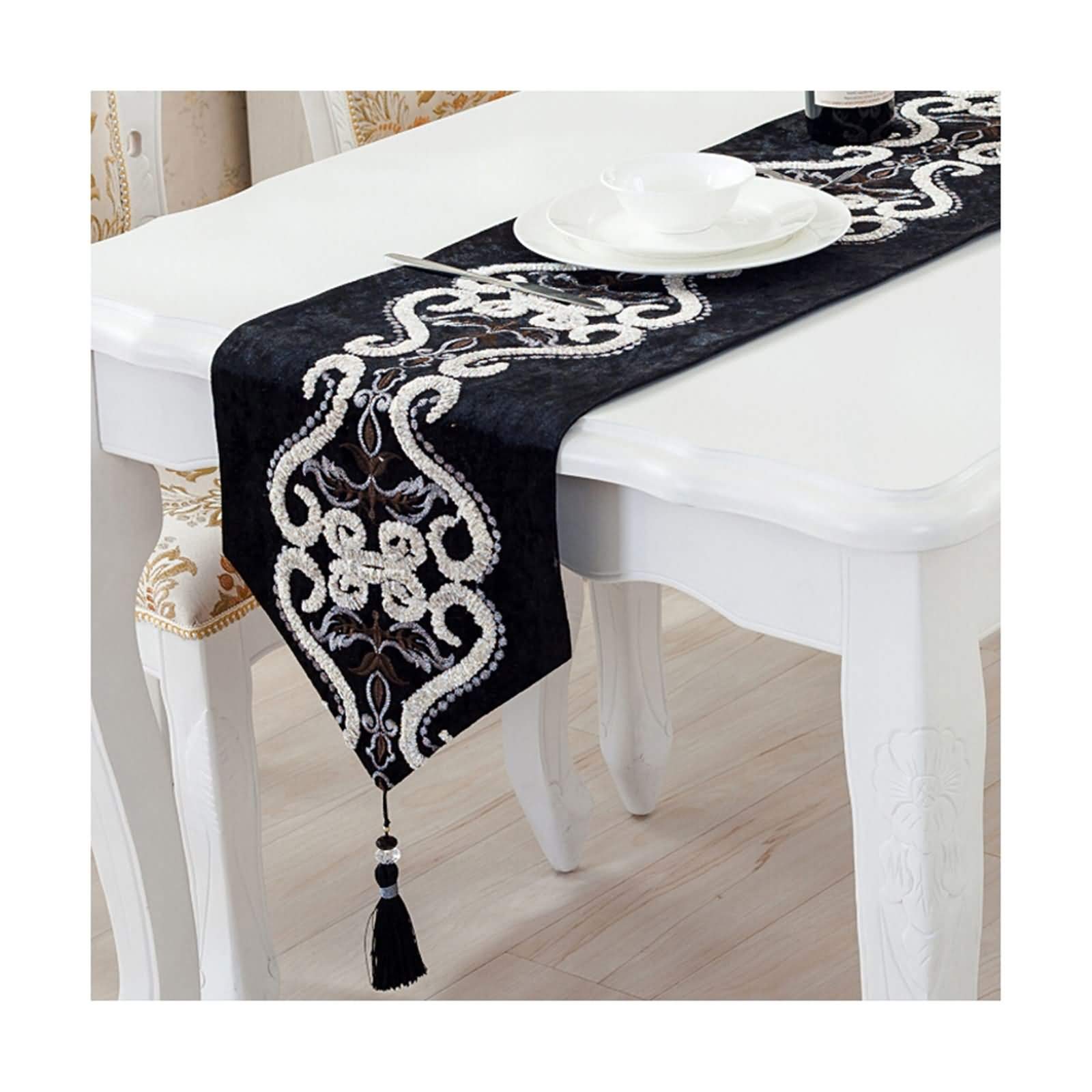 Daesar 13x98 Inch Table Runner - Polyester Cotton Linen Blend with Embroidery Flowers & Tassels - Elegant Black Dining Table Decor for Thanksgiving, Christmas, Weddings & Home Decor