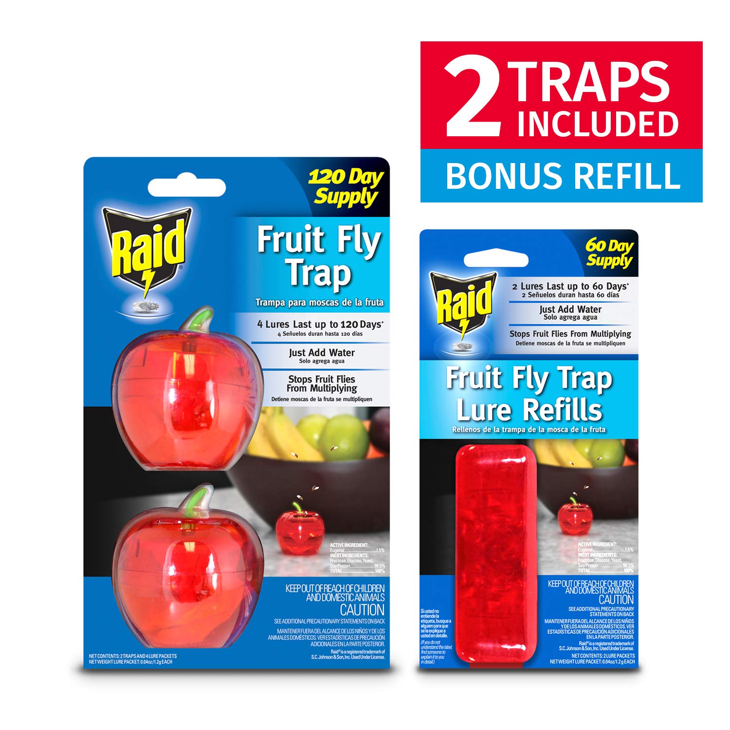 Raid Indoor Fruit Fly Traps with 2 Lures & 2 Refills - Safe Food-Based Fly Catcher for Kitchen, Bathroom - Effective Gnat Killer for Home Use | Easy to Use & Non-Toxic Fruit Fly Control Solution