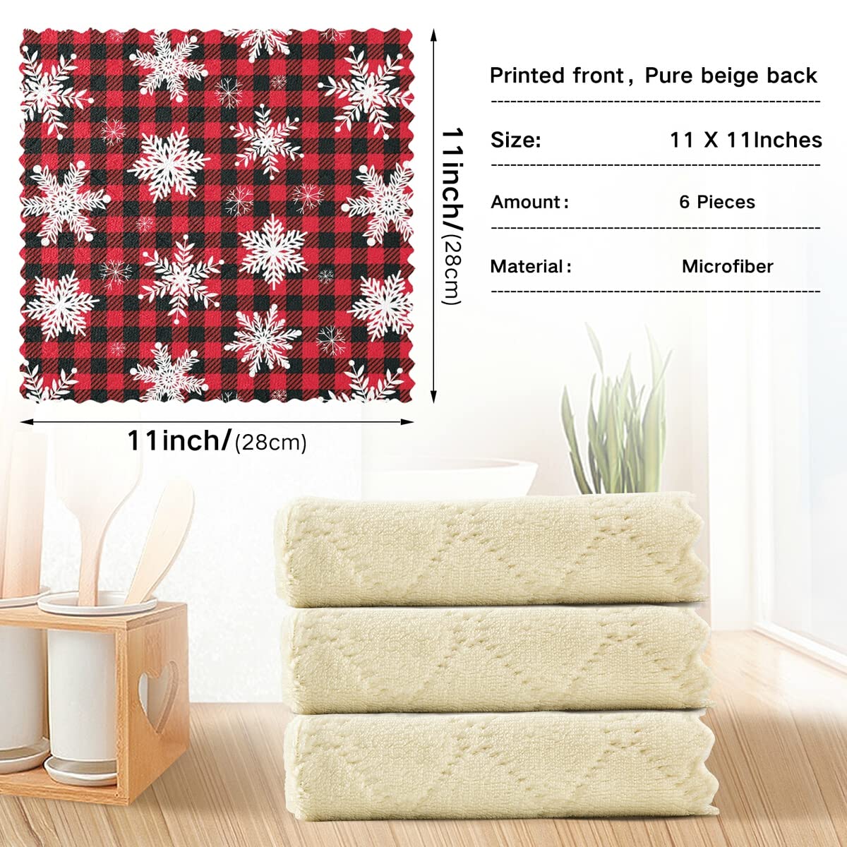 DOMIKING Snowflakes Buffalo Plaid Kitchen Towels - Set of 6 Absorbent Reusable Dish Cloths, Hand Towels for Kitchen Counter, Dish Drying, and Christmas Decor