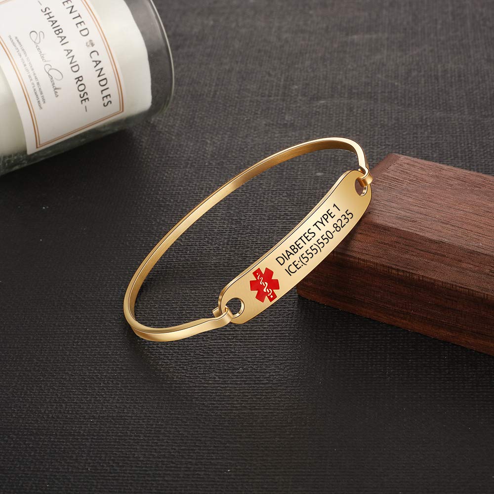 Personalized Medical Alert Bracelet for Women - Custom Engraved Emergency ID Bangle with Stainless Steel Chain - Perfect for Diabetes, Allergies & Heart Conditions (Ideal for Daily Wear & Outdoor Activities)