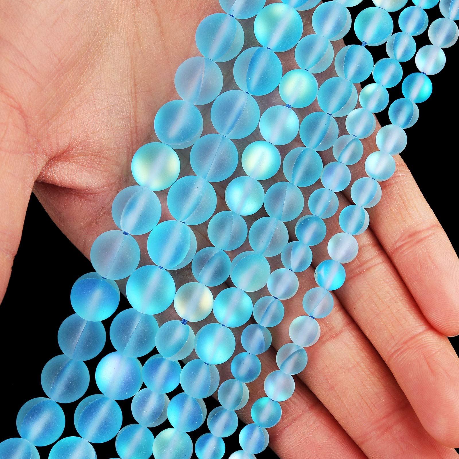 10MM Matte Aquamarine Aurora Crystal Glass Beads - Frosted Glitter Shining Mermaid Round Loose Beads for Jewelry Making, DIY Bracelets & Necklaces - Rainbow Holographic Synthetic Moonstone Beads for Crafting, Scrapbooking & Home Decor