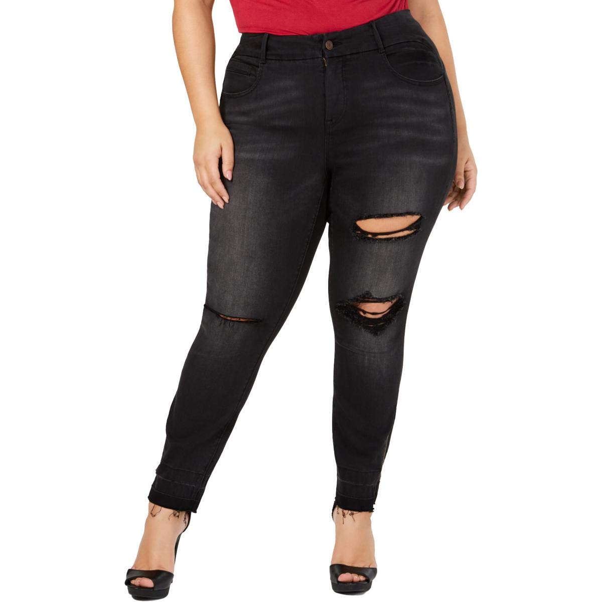 YSJ Women's Plus Size Distressed Skinny Jeans - High Waisted Stretch Denim Pants in Black (Size 16W) for Casual Wear & Street Style Outfits