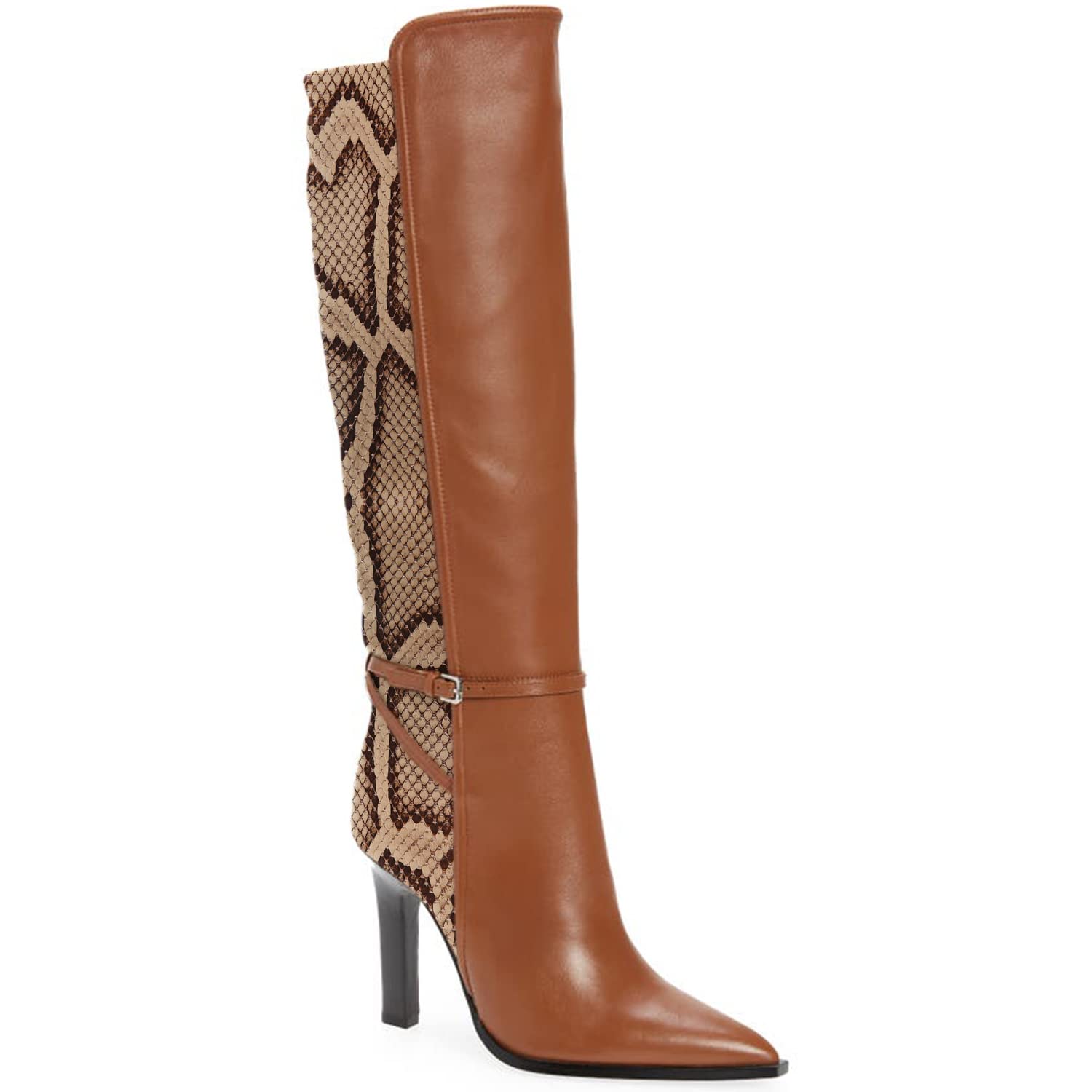 Stylish Women's Brown Two-Tone Snakeskin Over-The-Knee Boots with Ankle Strap - Pointed Toe High Heel Dress Boots for Office, Party & Night Out (US Size 4-16, Medium Width) - Perfect for Fall Fashion, Date Nights & Professional Workwear