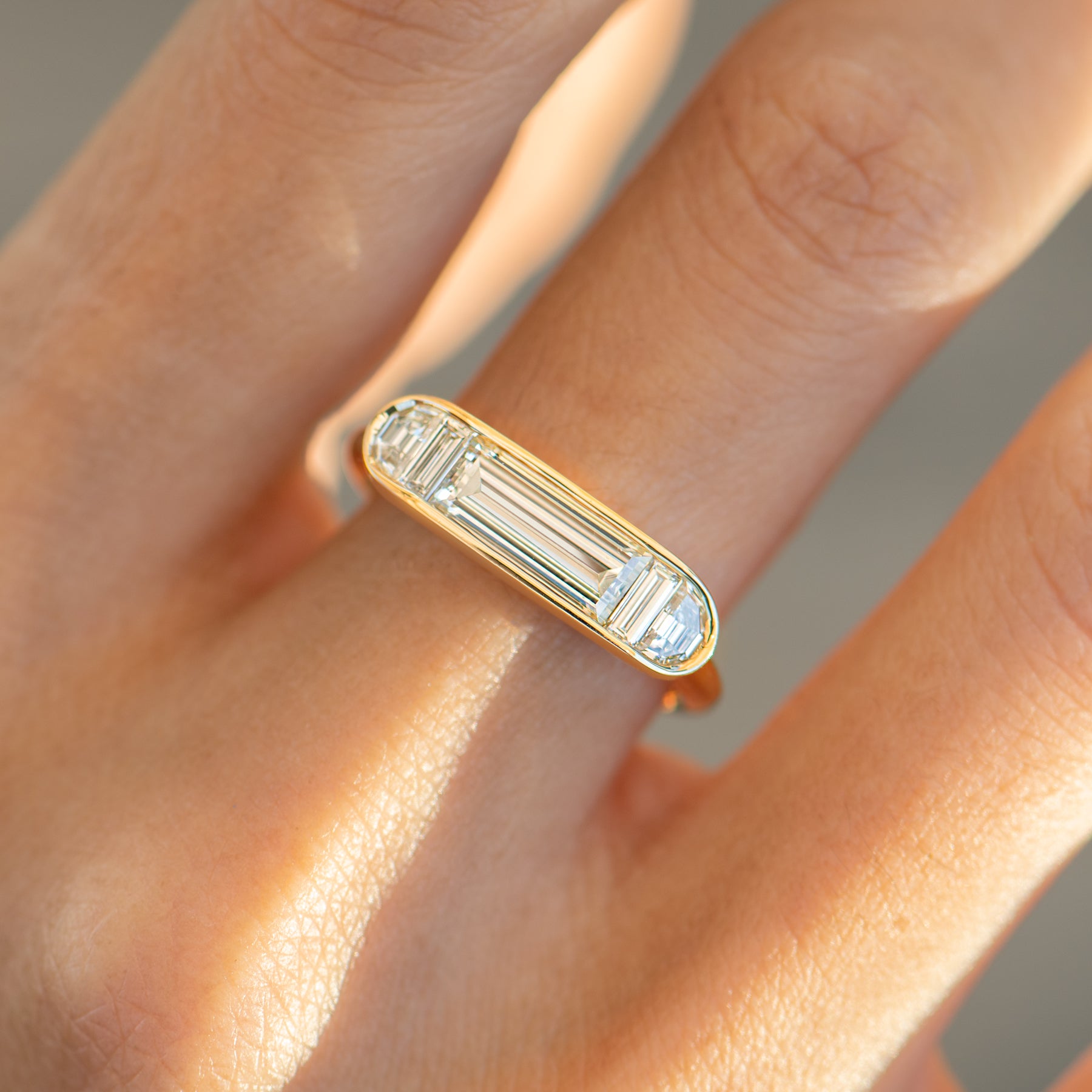 Exquisite Framed Horizontal Engagement Ring with Half Moon & Baguette Diamonds - Perfect for Proposals, Anniversaries & Special Occasions