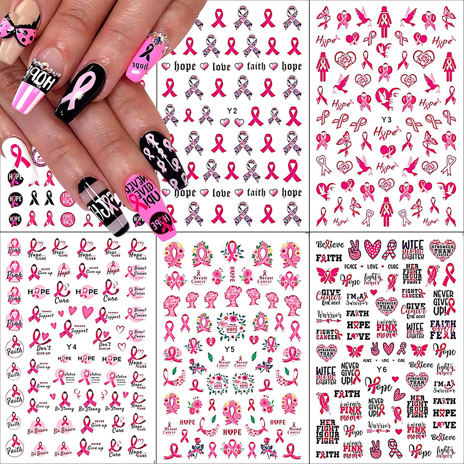 6 Sheets Breast Cancer Awareness Nail Art Stickers - Pink Ribbon Heart Designs 3D Self-Adhesive Nail Decals for Women & Girls DIY Manicure (Perfect for Breast Cancer Awareness Events, Fundraisers & Supportive Nail Art)