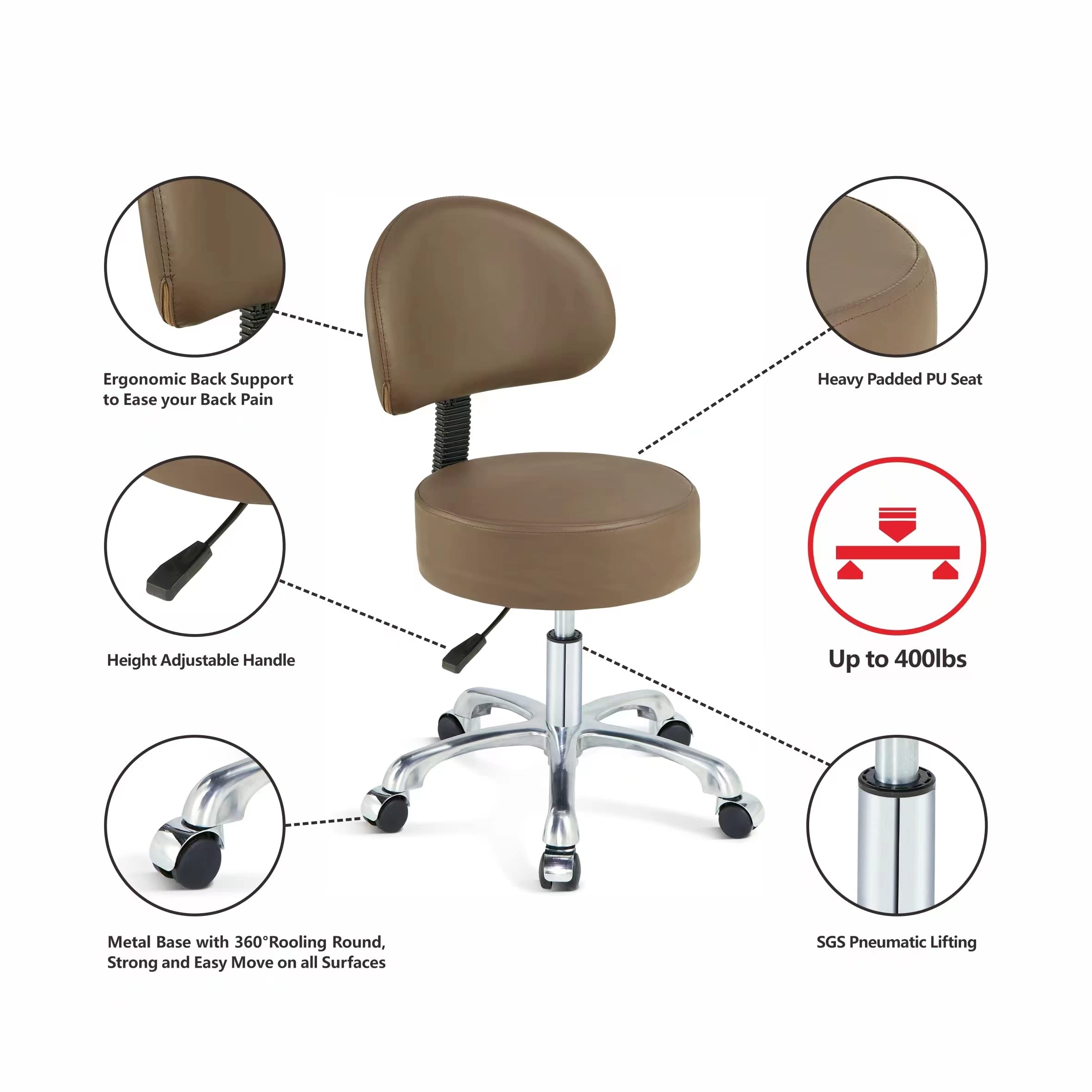 Adjustable Swivel Rolling Stool with Back - Thick Padded Round Chair on Wheels for Doctor, Massage Salon, Office & Home Use - Comfortable & Sturdy (Brown) - Perfect for Medical Clinics, Beauty Salons & Workspaces