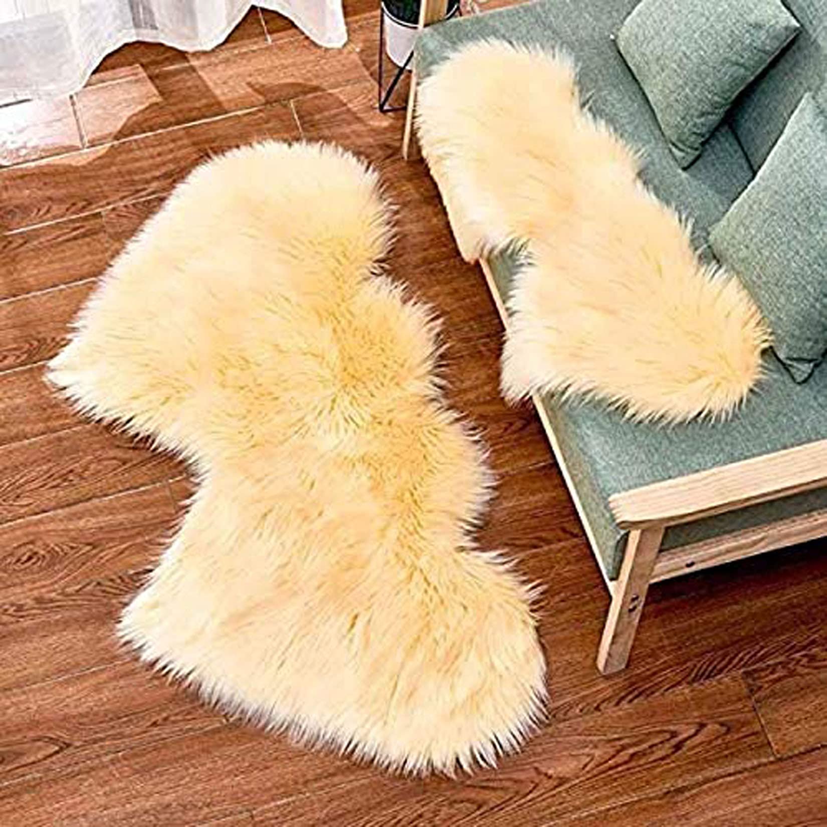 Modern Fluffy Faux Fur Area Rug 2'x4' - Non-Slip Double Heart Shaggy Plush Carpet for Kids Bedroom, Nursery, Living Room - Soft Fuzzy Rug in Yellow (24