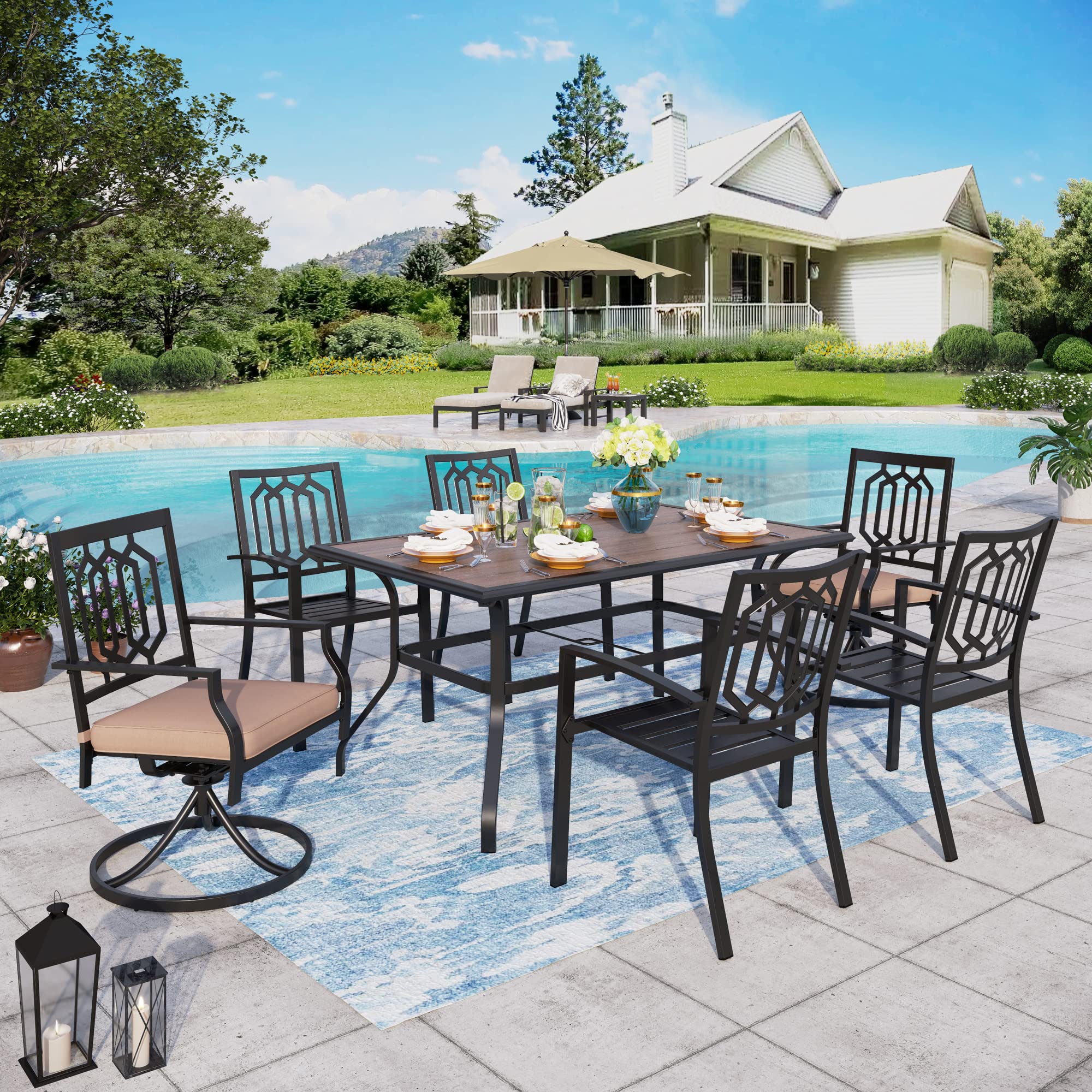 Sophia & William 7-Piece Outdoor Patio Dining Set for 6 - 4 Metal Chairs & 2 Swivel Chairs with Wood-Like Table - Perfect for Garden, Lawn, Backyard & Poolside Entertaining