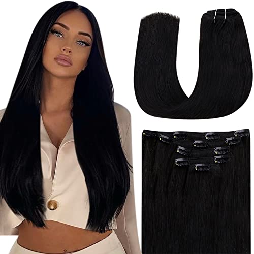 LAAVOO Clip in Hair Extensions Jet Black 12inch - Real Human Hair Extensions Straight Double Weft - 5pcs 70g for Black Women - Perfect for Daily Styling, Parties & Special Occasions