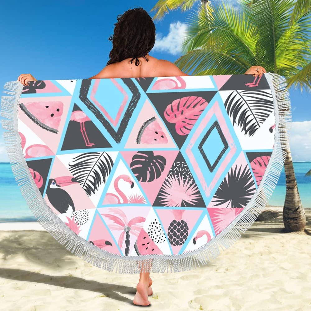 Tropical Print Round Beach Towel with Tassels - 59 Inch Large Pool Towel for Adults & Kids - Perfect for Beach, Poolside, Picnics and Outdoor Activities