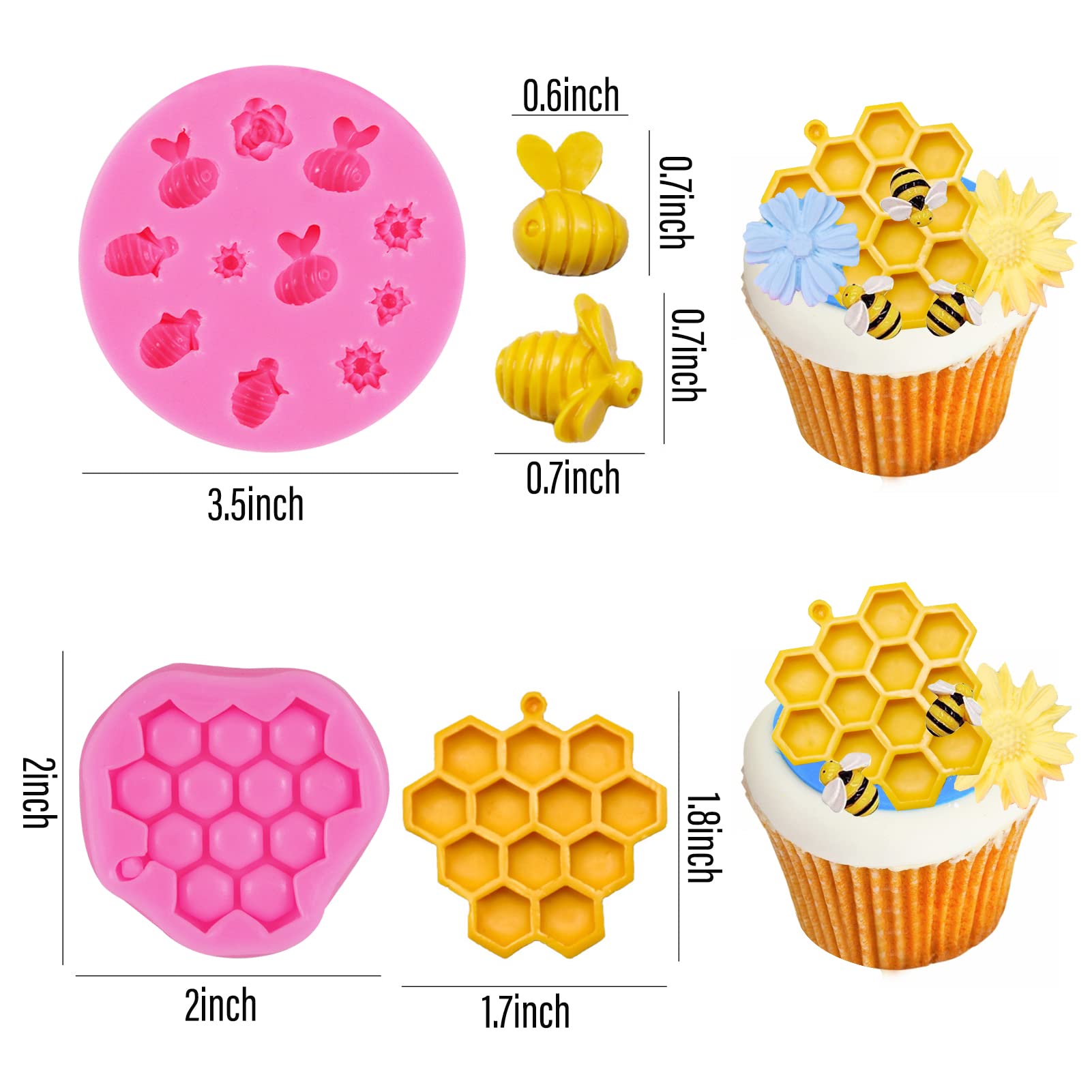 7-Piece Bee Silicone Mold Set - Honeycomb, Sunflower & Beehive Cake Decorating Molds for Fondant, Chocolate & Candy Making - Perfect for Birthday Cakes, Cupcake Toppers, and DIY Baking Projects