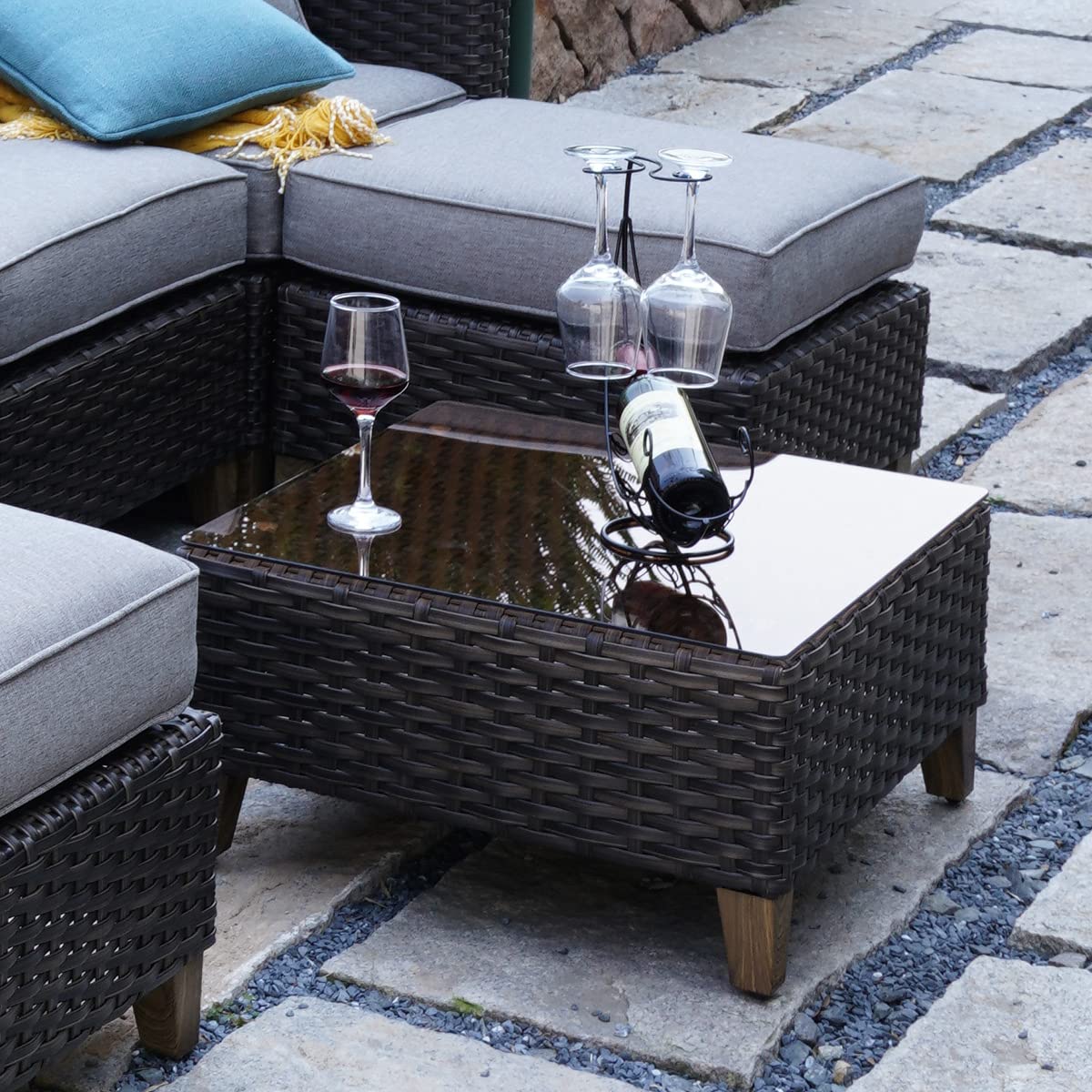 Premium Wicker Patio Coffee Table with Tempered Glass Top - Outdoor Furniture Set for Garden, Poolside & Backyard Relaxation
