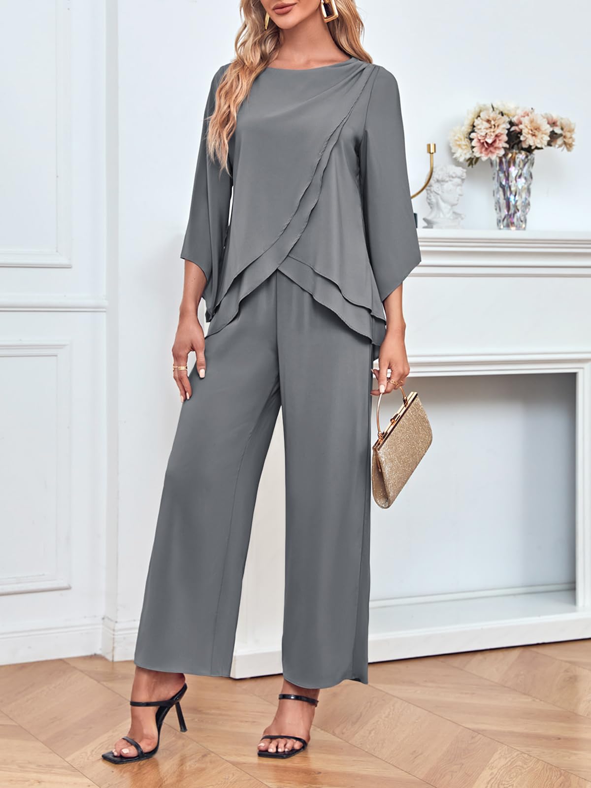 Zongqiven Women's 2-Piece Chiffon Pant Suit Set - Asymmetrical Hem Tops & Pants for Mother of the Bride, Wedding Party & Prom Outfits | Elegant Formal Wear for Special Occasions
