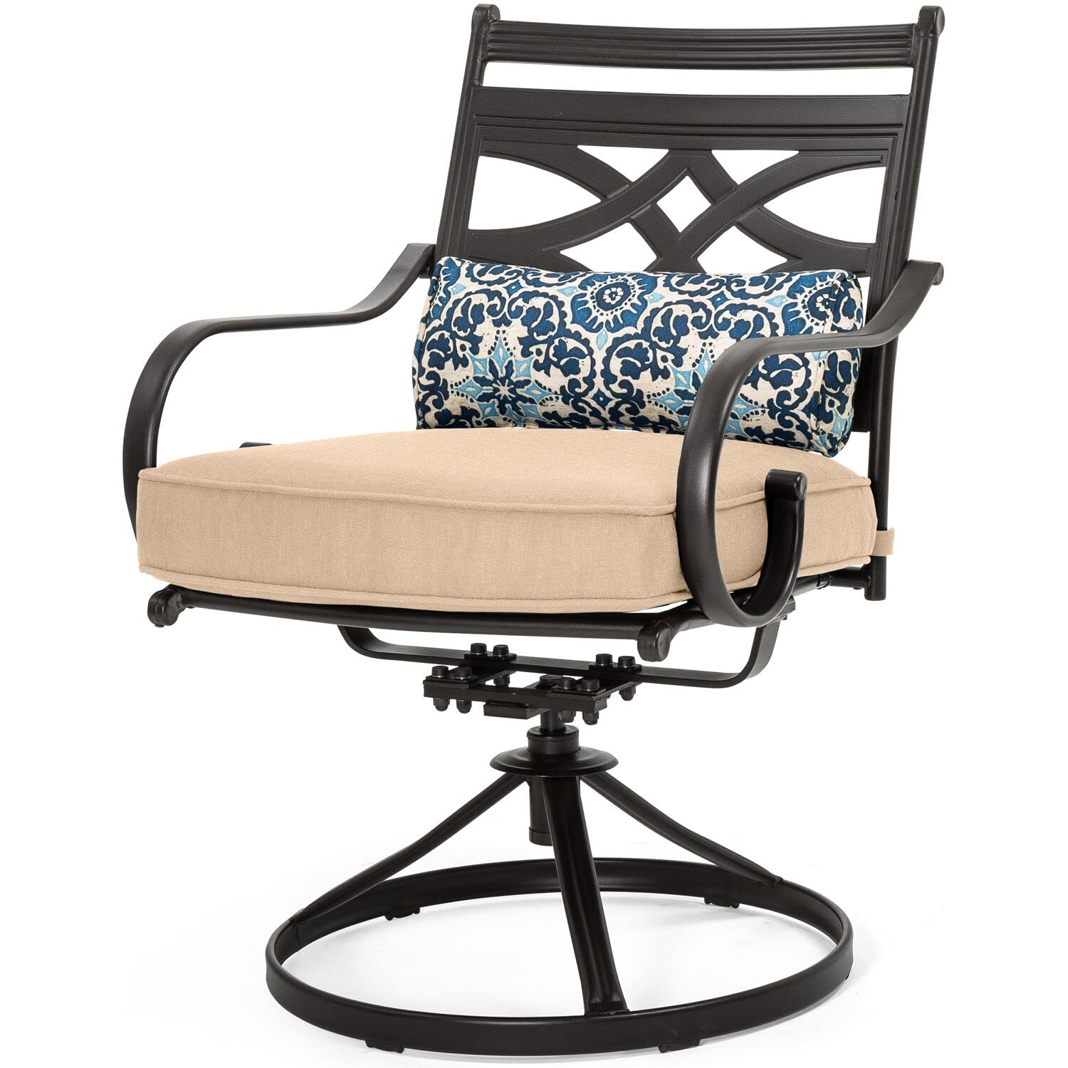 Hanover Montclair 7-Piece Outdoor Dining Set with 6 Swivel Rocking Chairs, Tan Cushions & Durable Steel Table - All-Weather Patio Furniture for Deck, Garden, Backyard - Perfect for Family BBQs, Outdoor Entertaining and Relaxing