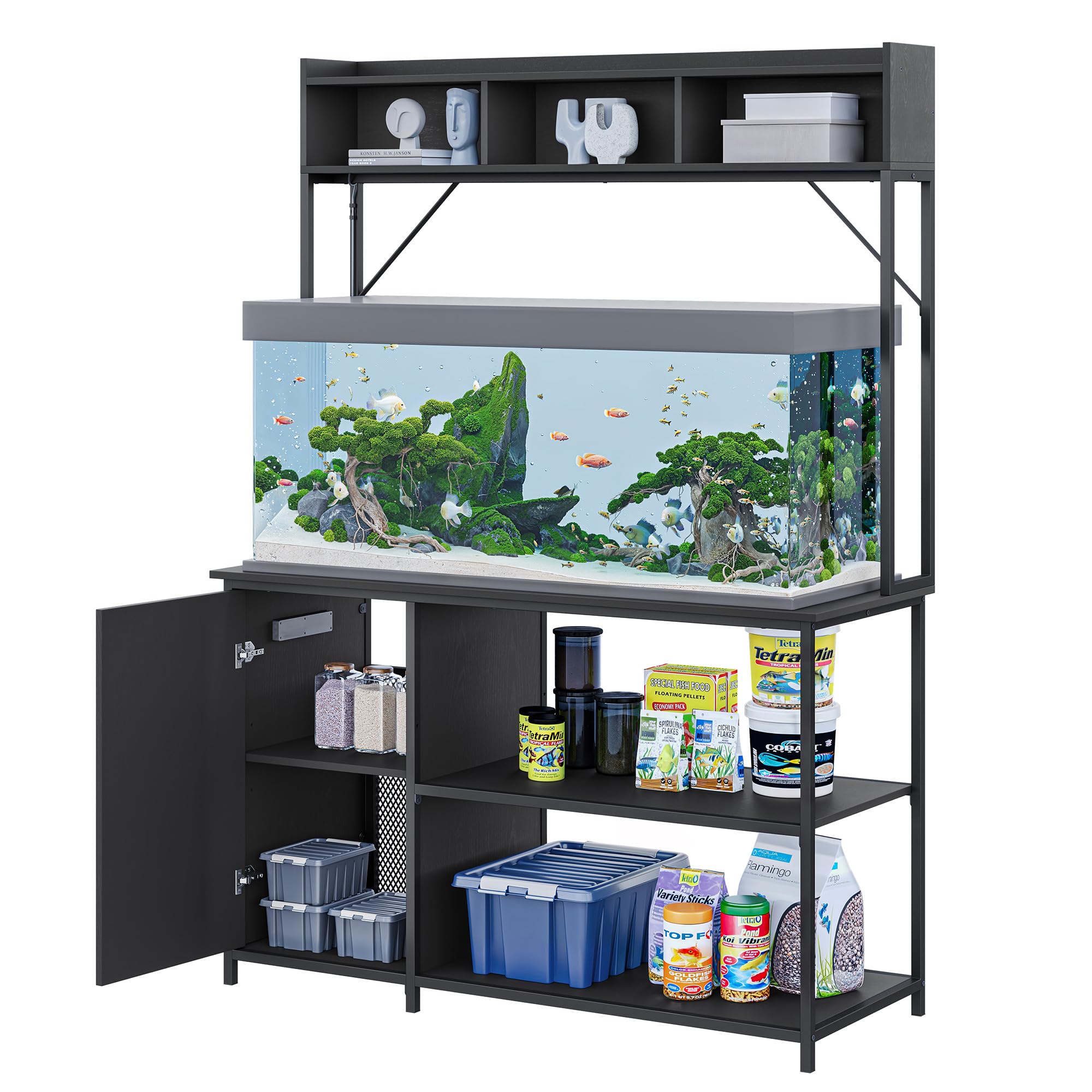 BELLEZE 55-90 Gallon Heavy Duty Aquarium Stand with LED Lights & Power Outlets - Fluted Cabinet for Fish Tank Accessories Storage, 1200 LBS Capacity - Perfect for Turtle Tanks, Reptile Terrariums & Home Aquarium Setups (Black Ebony)