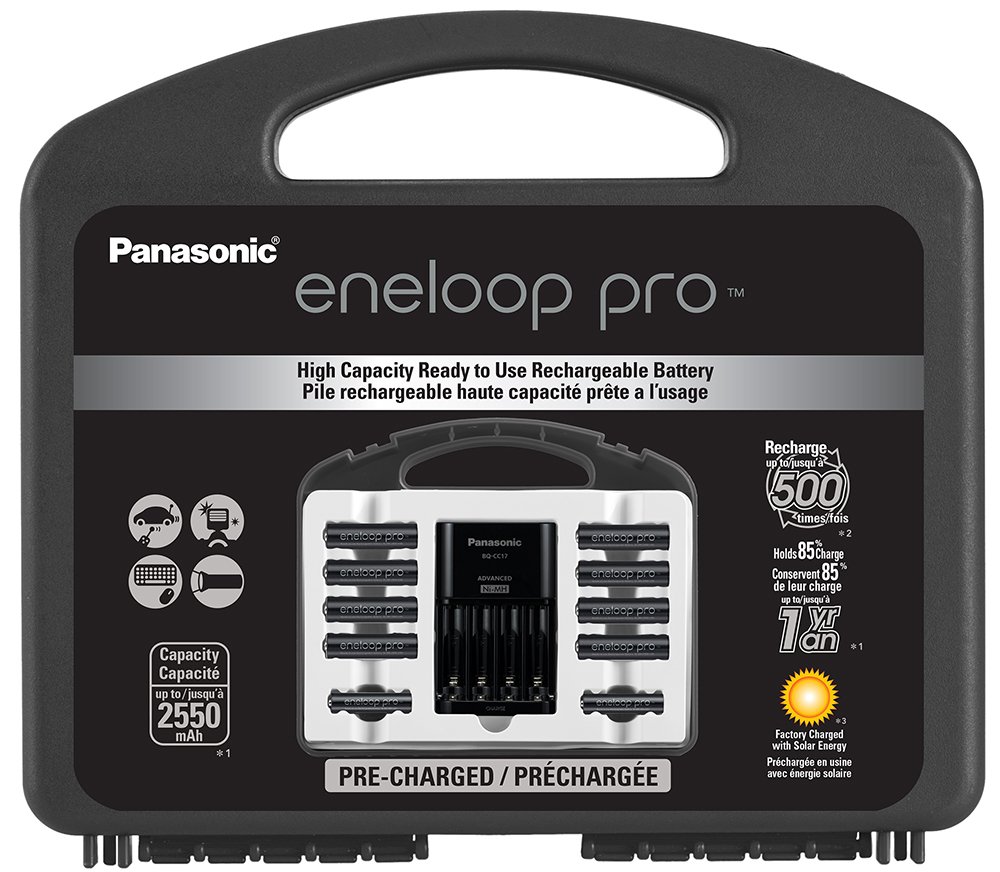 Eneloop Pro Power Pack with Ni-MH Battery Charger & Case K-KJ17KHC82A | 16-Pack Rechargeable AA Batteries BK-3HCCA16FA | Perfect for Cameras, Flashlights & Electronic Devices