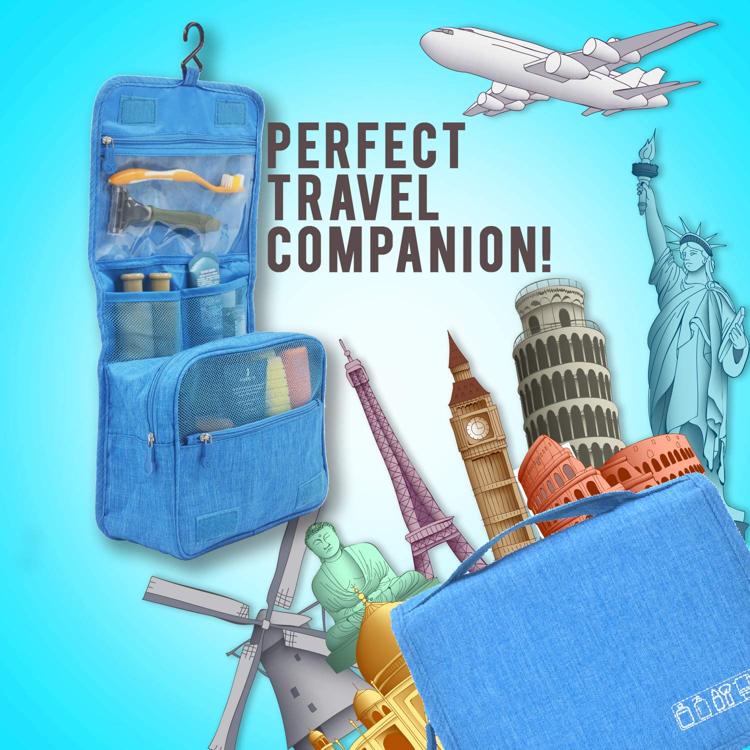 Lightweight Hanging Toiletry Bag - Portable Travel Cosmetic Organizer with Hook for Makeup, Toiletries & Personal Items - TSA Approved for Men, Women & Kids - Perfect for Air Travel, Camping & Gym (Blue)