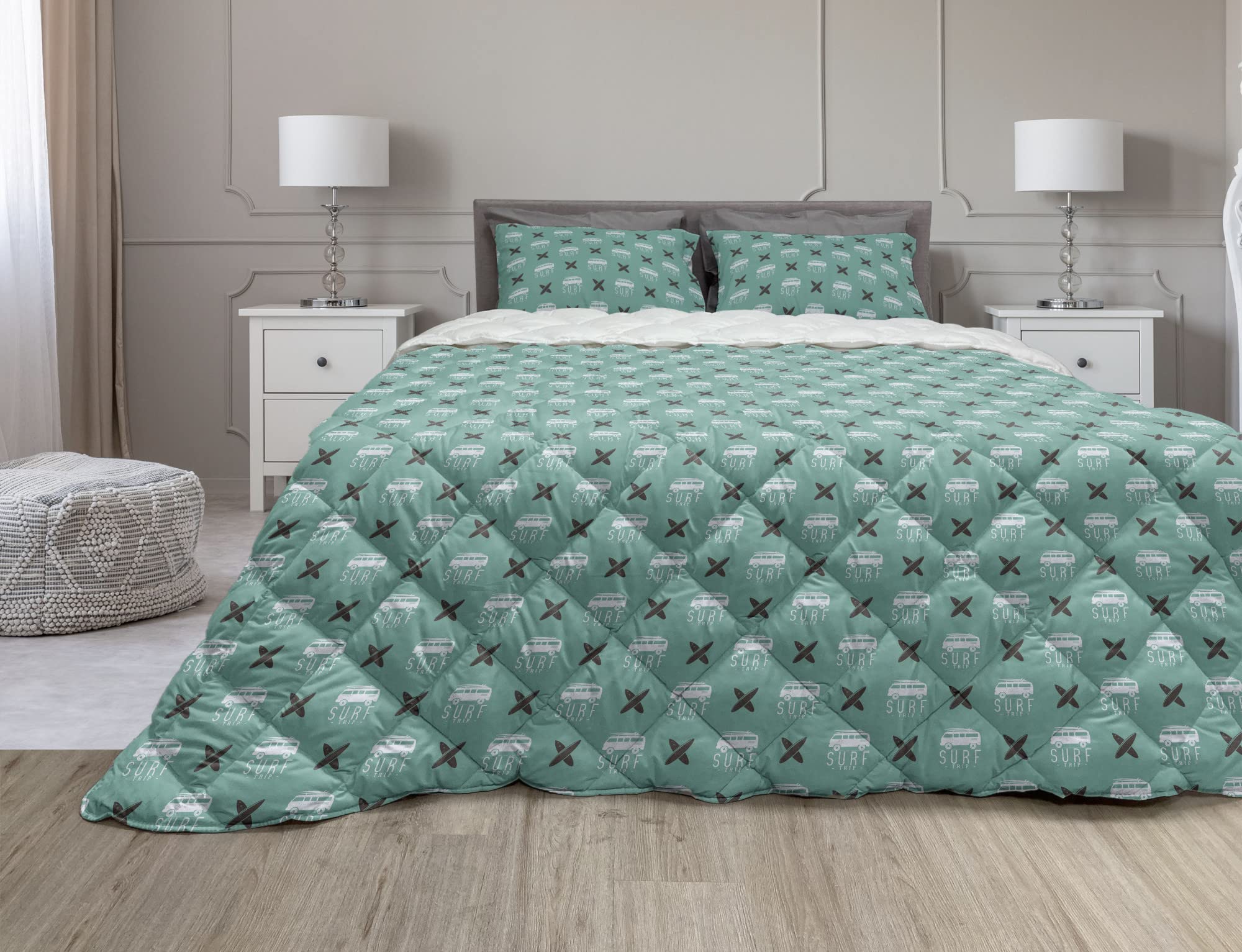 Ambesonne Marine Life Comforter Set - 3 Piece Duvet Cover with Microfiber Filling, Full Size, Minimalist Retro Design Featuring Vintage Camper Vans & Surfboards in Pale Teal & Coconut - Perfect for Beach House Bedrooms, Coastal Decor & Surf-Themed Guest Rooms