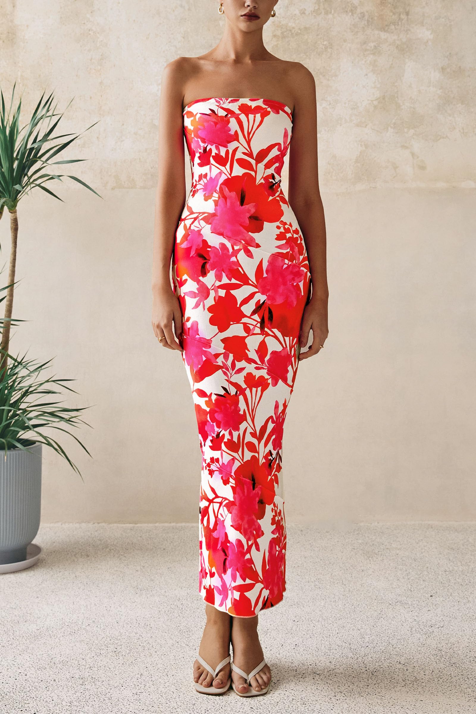 PRETTYGARDEN Women's Floral Bodycon Maxi Dress 2025 - Strapless Ribbed Tube Long Dress for Summer, Casual, Boho & Party Wear | Perfect for Beach Vacations, Date Nights & Special Occasions