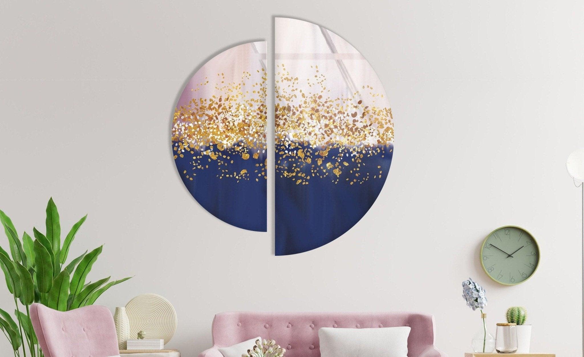 2 Piece Golden Abstract Glass Wall Art Set - Modern Home Decor for Living Room, Bedroom & Office - Elegant Handmade Glass Panel Artwork for Stylish Interior Design