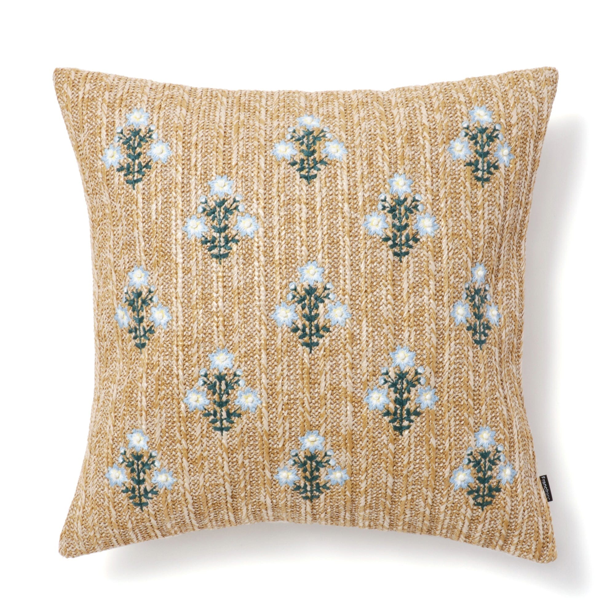 Embroidered Flower Cushion Cover 18x18 Inches - Natural & Blue Bohemian Pillow Case for Sofa, Bed, Living Room Decor