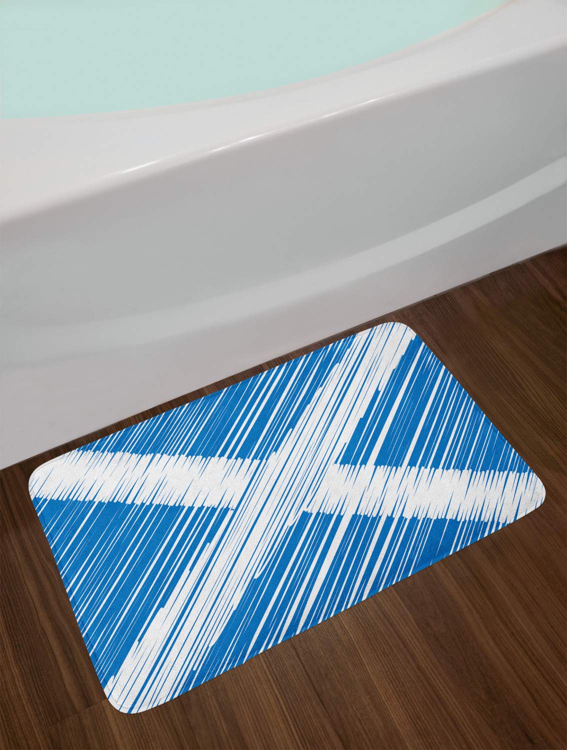 Ambesonne Scotland Bath Mat - Hand Drawn Scottish Saltire Flag Design, Plush Non-Slip Bathroom Rug, 30.2 x 20 Inches, Cobalt Blue & White - Perfect for Scottish-Themed Bathrooms, Guest Rooms & Celtic Home Decor