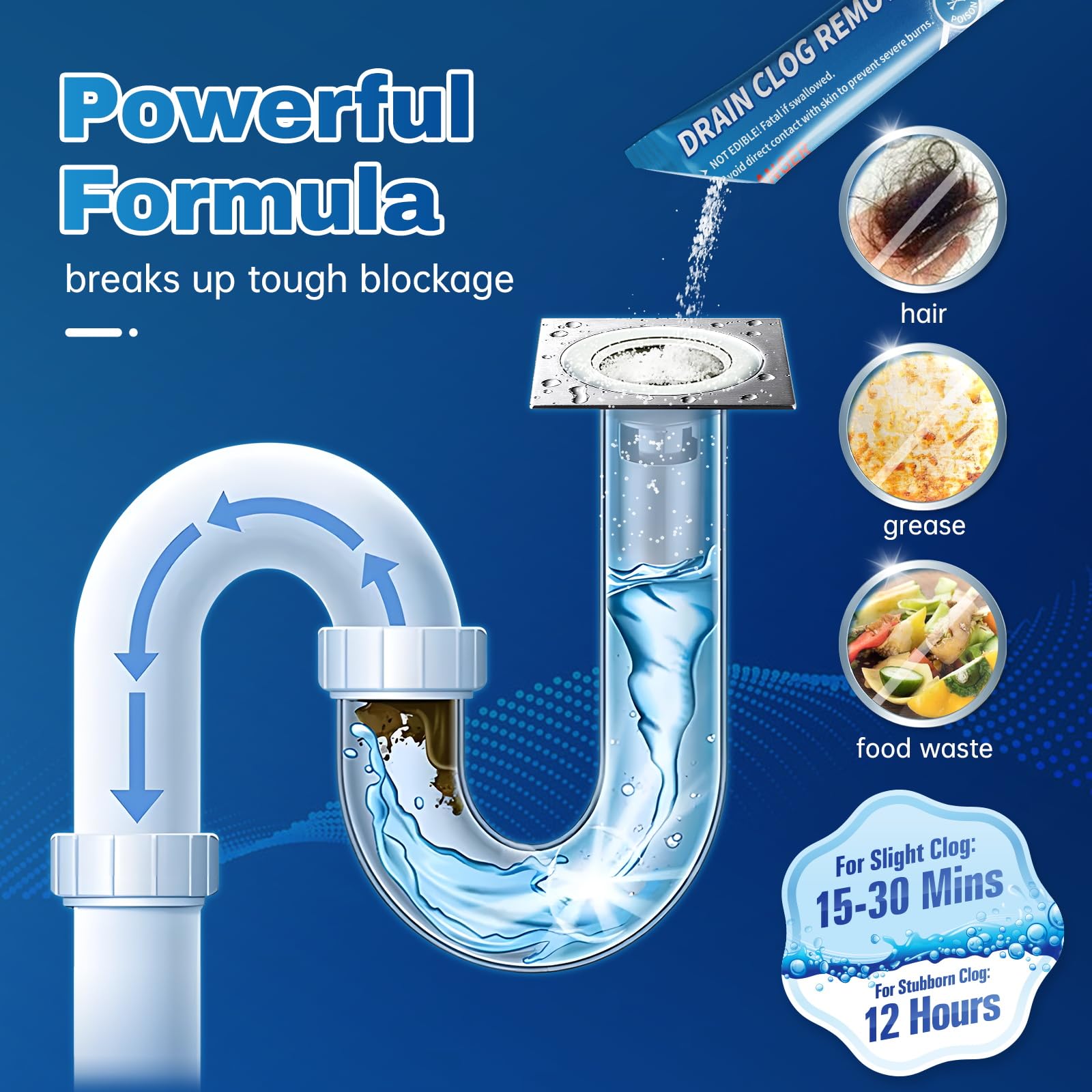 Vacplus 12-Pack Drain Clog Remover - Powerful Sink Drain Cleaner for Hair Clogs, Pipe-Friendly Drain Opener & Deodorizer - Ideal for Bathroom, Kitchen & Shower Drain Maintenance