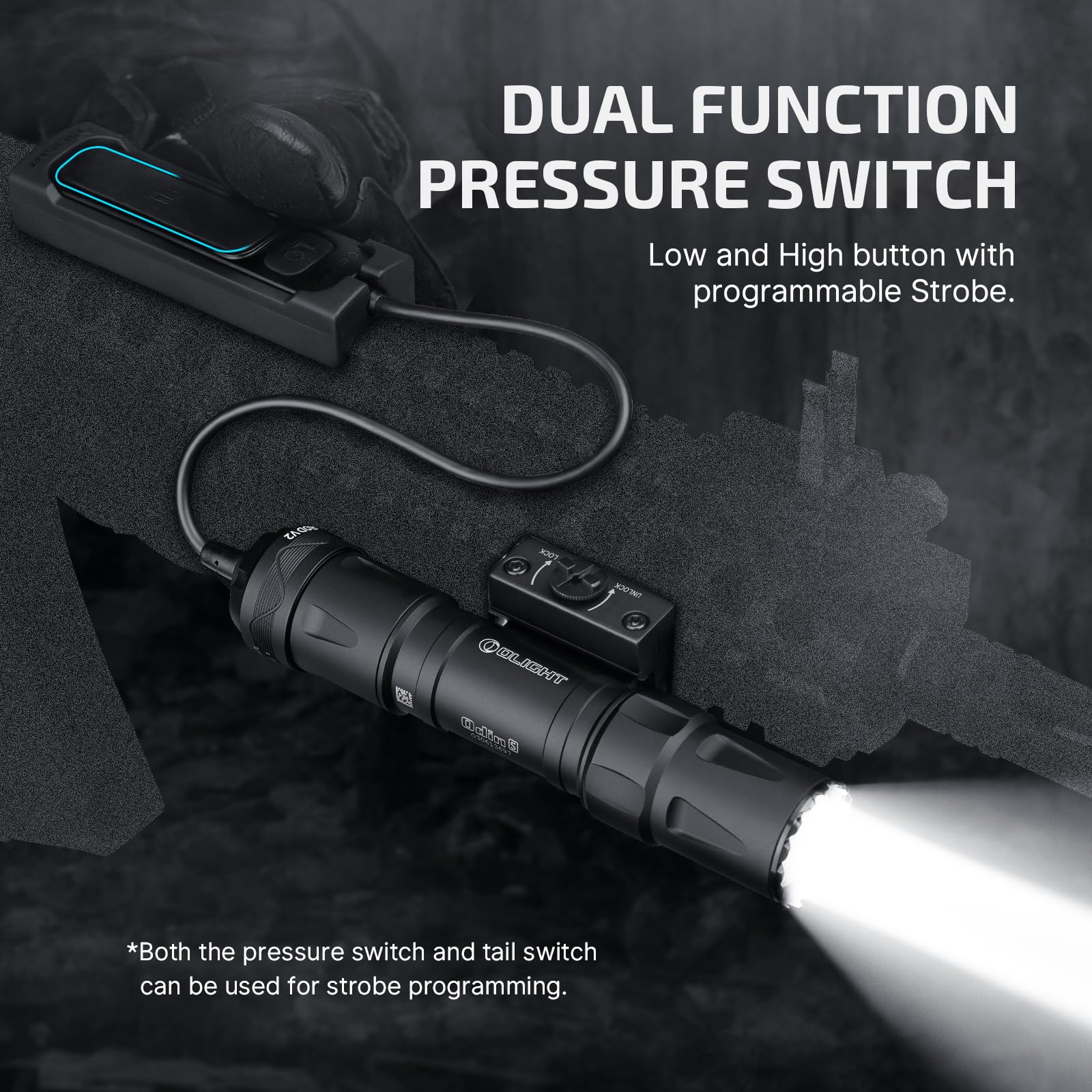 Olight Odin S 1500 Lumens Tactical Flashlight - Rechargeable MLOK Rail Mounted Weapon Light with Upgraded Remote Pressure Switch | 250m Beam Distance | IPX8 Waterproof | Black | Perfect for Hunting, Home Defense & Tactical Operations