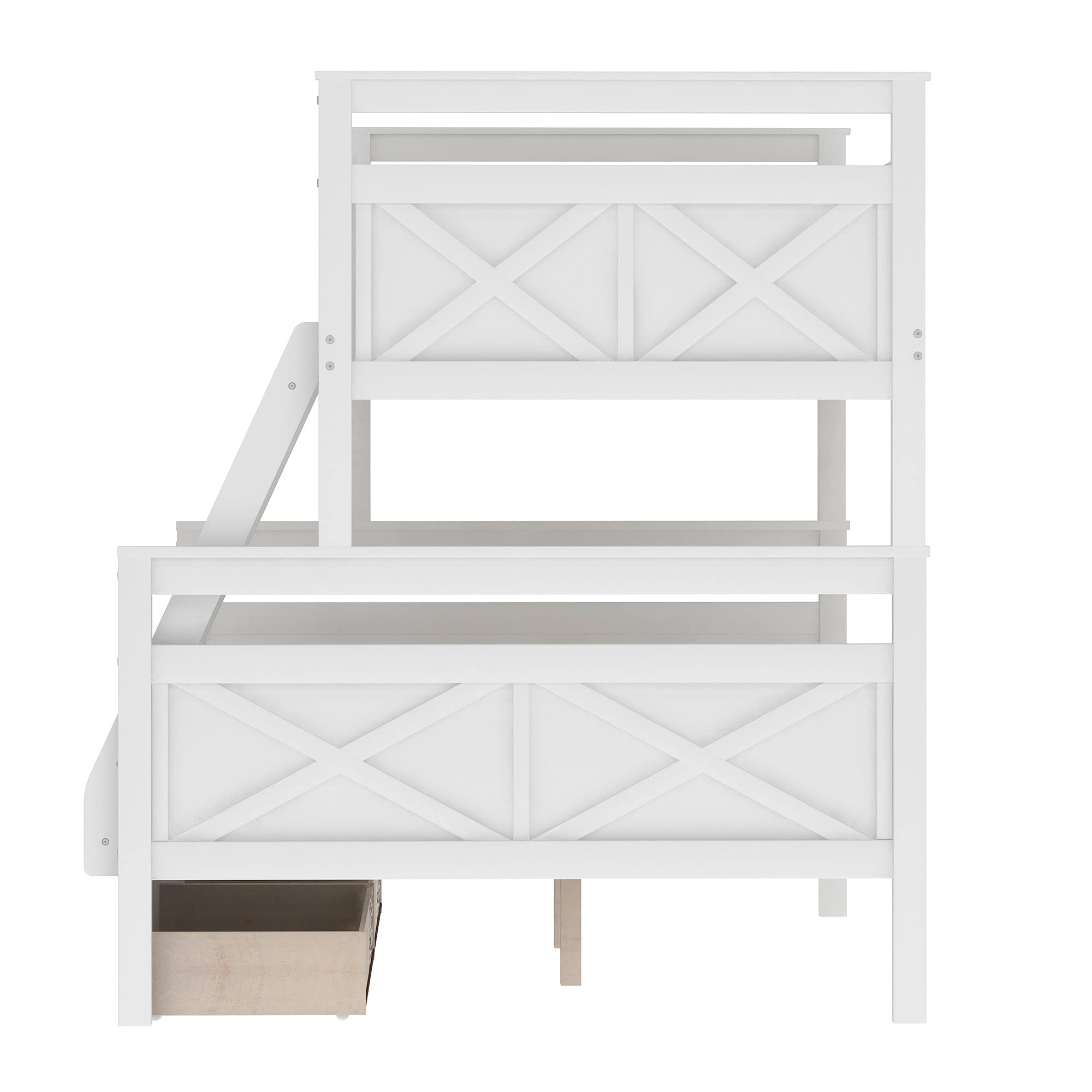 Convertible Wood Bunk Bed Twin Over Full Size with Storage Drawers - 2-in-1 Bed Frame with Ladder & Safety Guardrails - No Box Spring Needed - Perfect for Kids Rooms, Guest Rooms & Small Spaces (White)