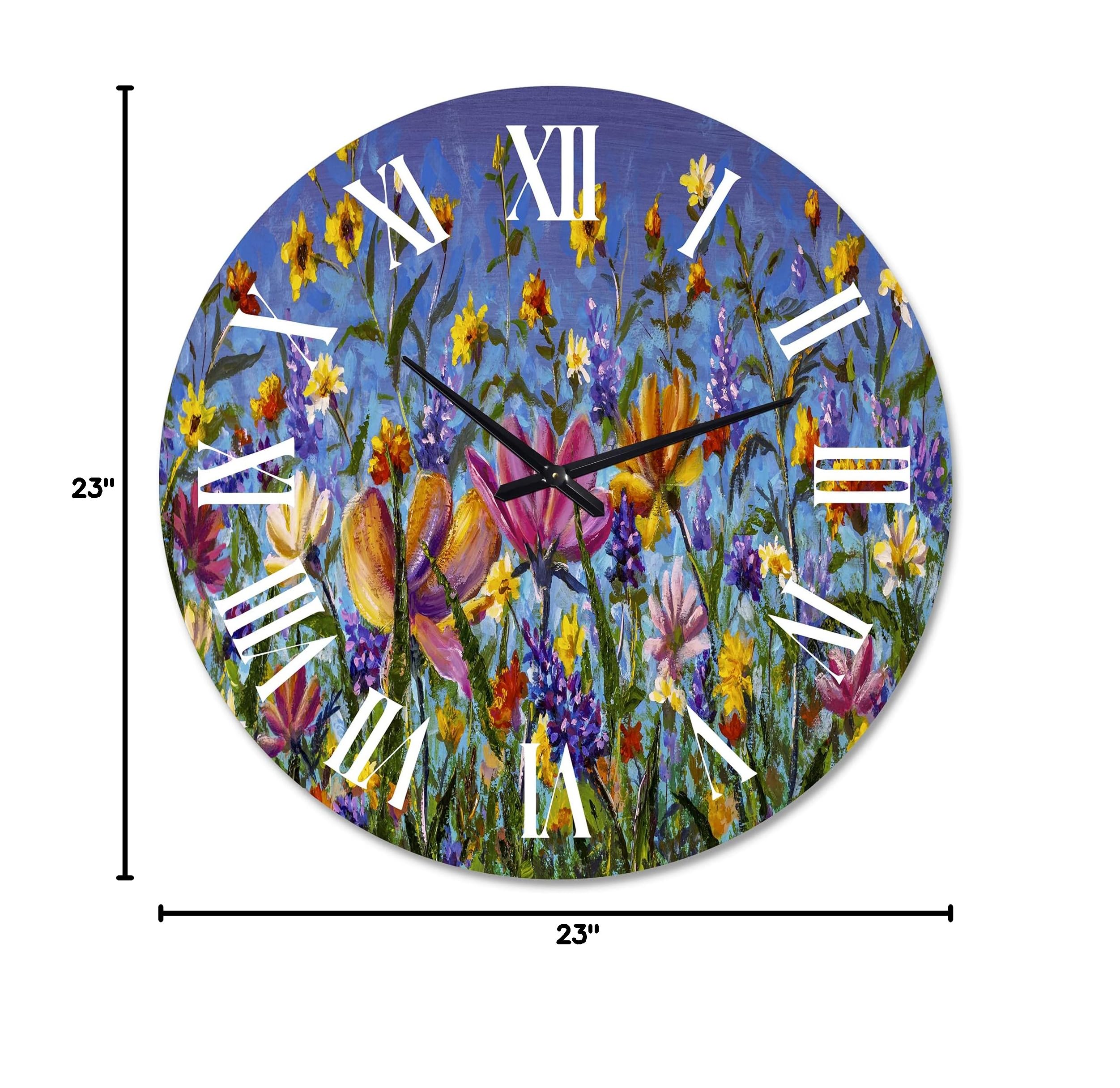 DesignQ Traditional Floral Wall Clock - Large Daisies and Wildflowers Summer Garden Decor for Kitchen, Living Room & Bedroom | Perfect Home & Office Decoration
