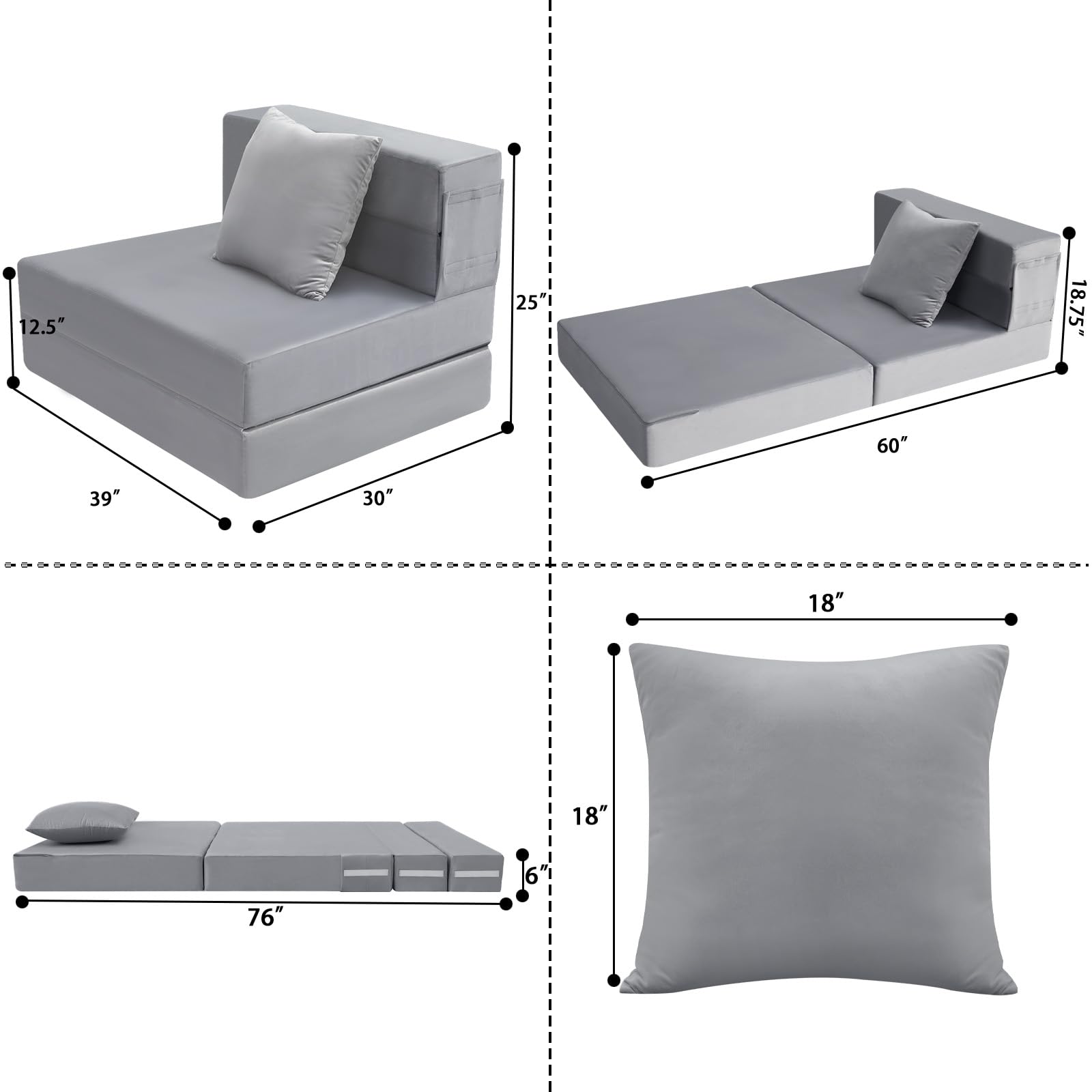 Foldable Futon Chair Bed Sleeper for Adults - Twin Size 6 Inch Folding Mattress Sofa Bed with Pillow, Convertible Tri-Fold Foam Floor Sofa for Living Room, Guest Room & Small Spaces (Grey) - Perfect for Apartments, Dorms & Overnight Guests