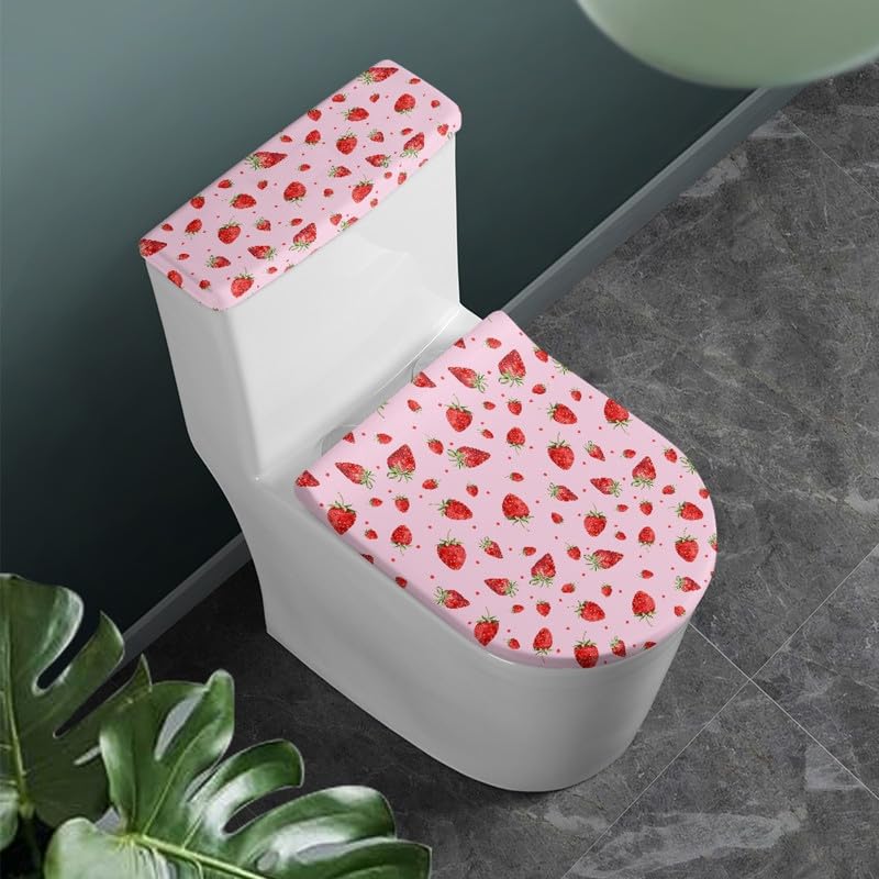 2-Pack Pink Strawberry Toilet Seat Covers - Cute Cartoon Fruit Design with Elastic Edge, Machine Washable Bathroom Accessories for Home Decor | Perfect for Kids' Bathrooms, Farmhouse Style Decor & Berry-Themed Home Accessories