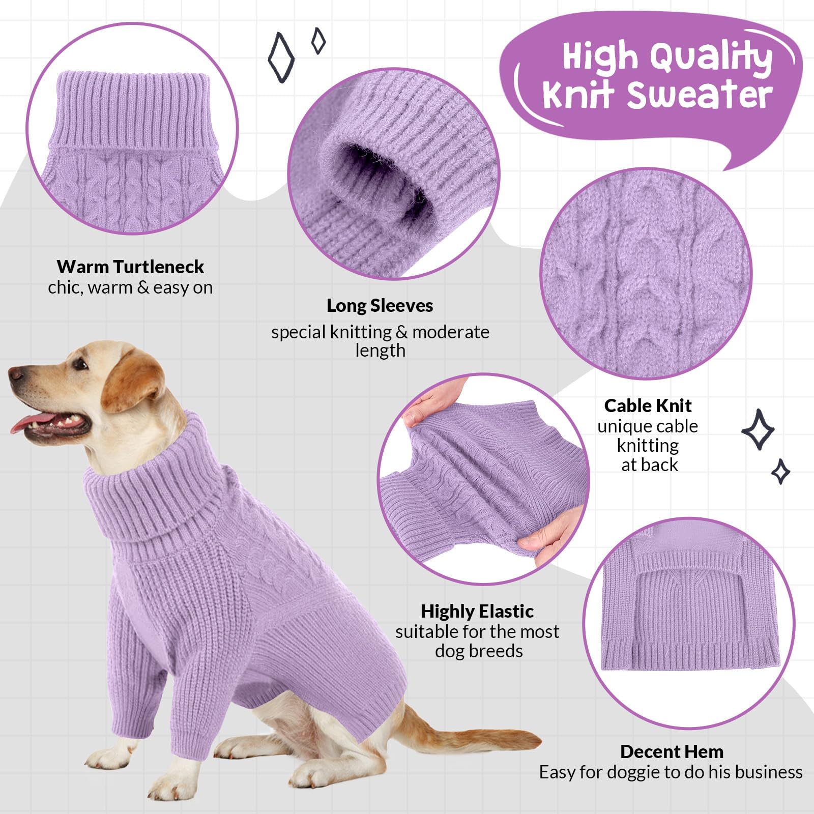 Queenmore Dog Sweater - Warm Winter Knit Puppy Sweater for Small Medium Large Dogs - Cozy Turtleneck Long Sleeve Dog Clothes for Boys & Girls - Christmas Holiday Pet Outfit (Lilac) - Perfect for Cold Weather Walks, Indoor Comfort & Festive Photos