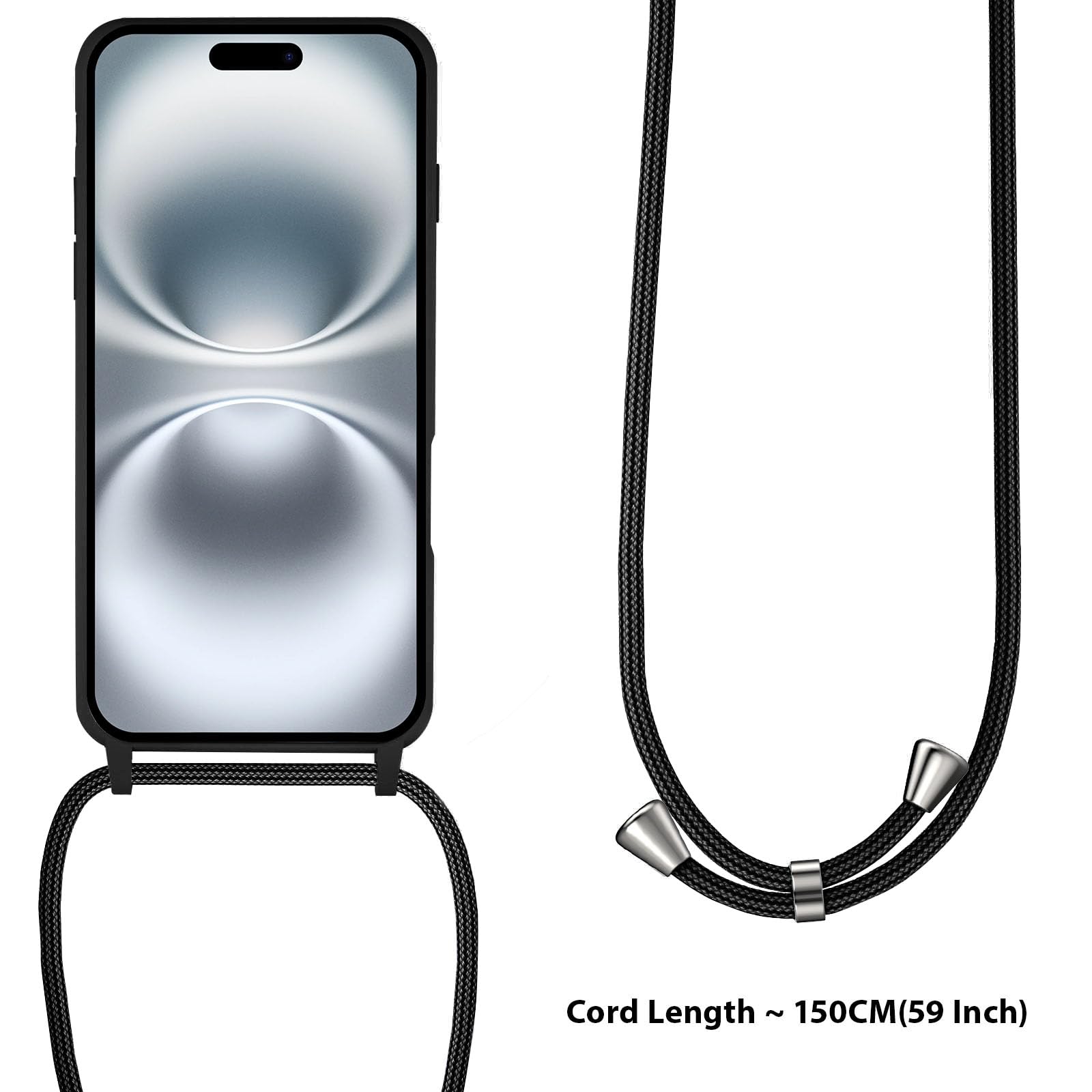 UEEBAI Adjustable Crossbody Lanyard Phone Case for iPhone 16 - Soft Silicone Cover with Neck Strap, Belt Cord & Secure Holder - Stylish Women's Accessory for Travel, Shopping & Everyday Use - Black