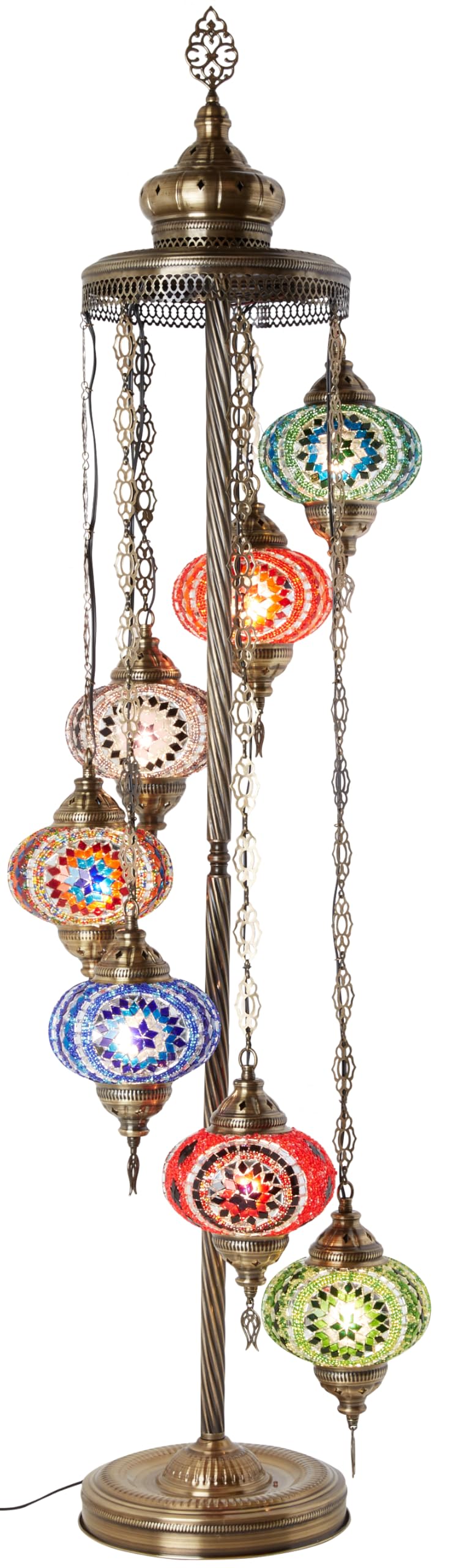 DEMMEX - 7 Large Globes Turkish Moroccan Mosaic Floor Lamp, 5-Foot Tall Tiffany-Style Bohemian Standing Lamp with 7-Inch Handcrafted Glass Globes - Boho Chic Lighting for Living Room, Bedroom, Office & Meditation Spaces