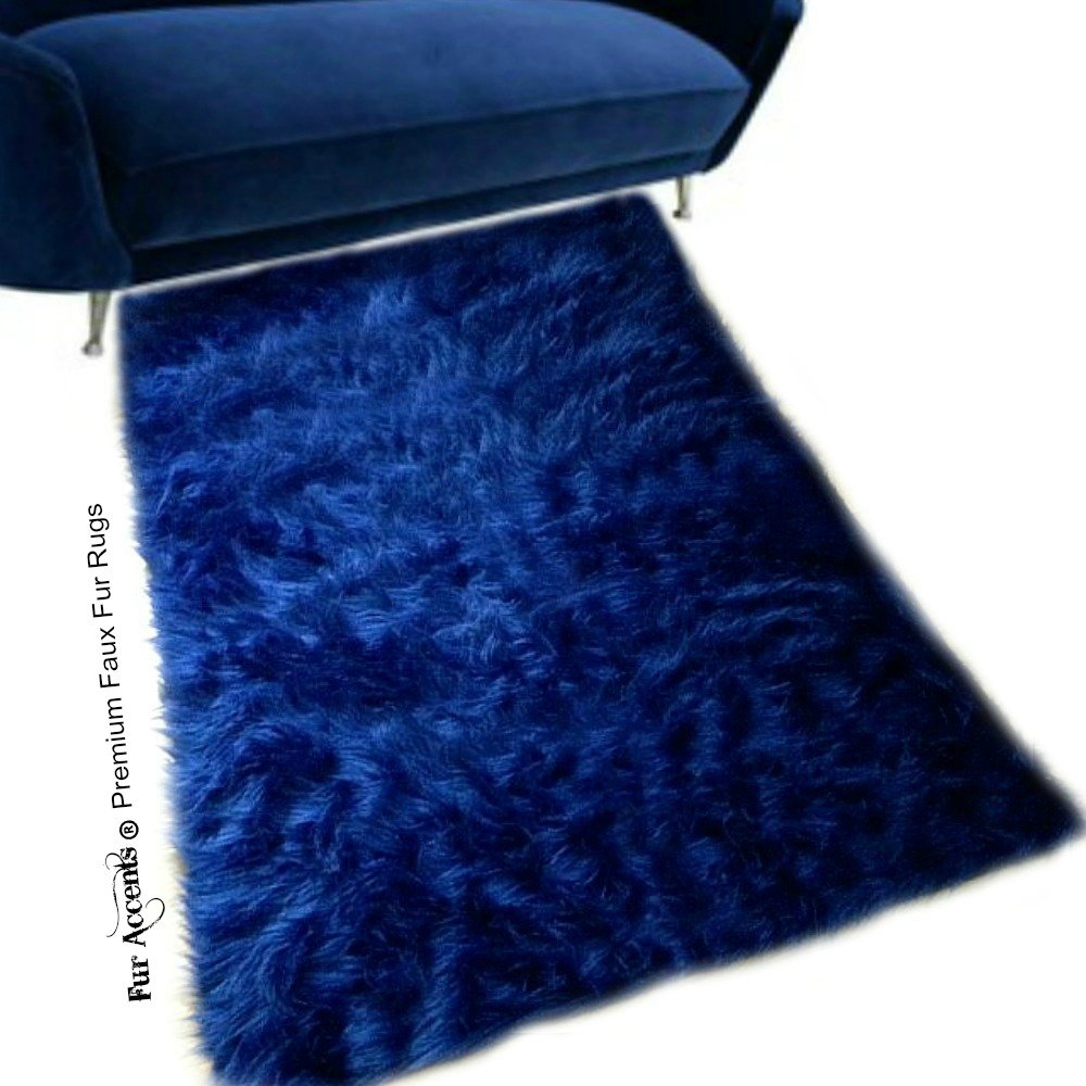 Super Soft Shaggy Faux Fur Area Rug - Plush Dark Navy Blue Rectangle Carpet for Living Room & Bedroom - 5'x7' Designer Rugs USA