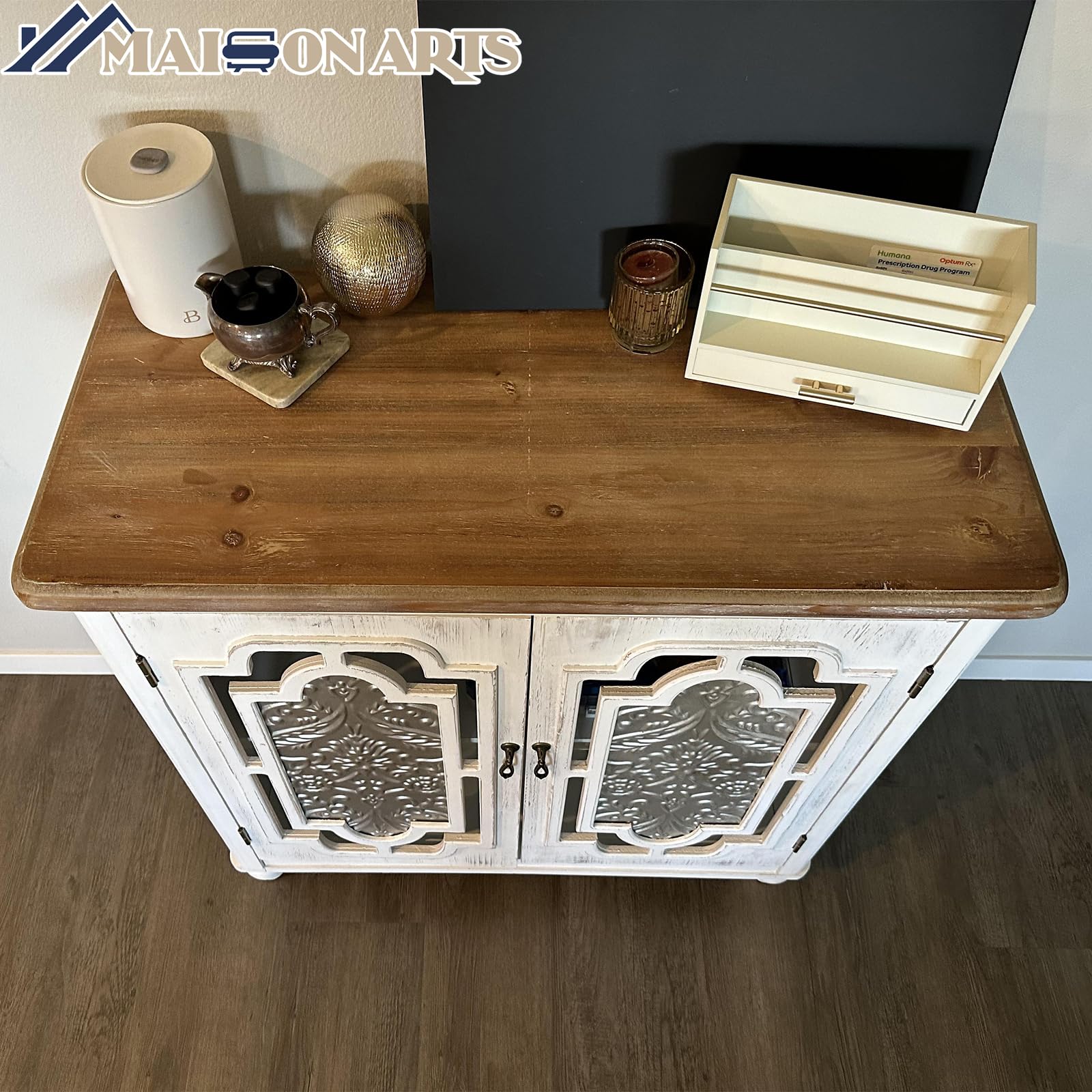 MAISON ARTS Farmhouse Accent Cabinet with 2 Doors - Solid Wood Storage Cabinet with Metal Embossing Pattern for Living Room, Entryway, Bedroom - Rustic Sideboard Buffet Cabinet for Home Decor & Organization