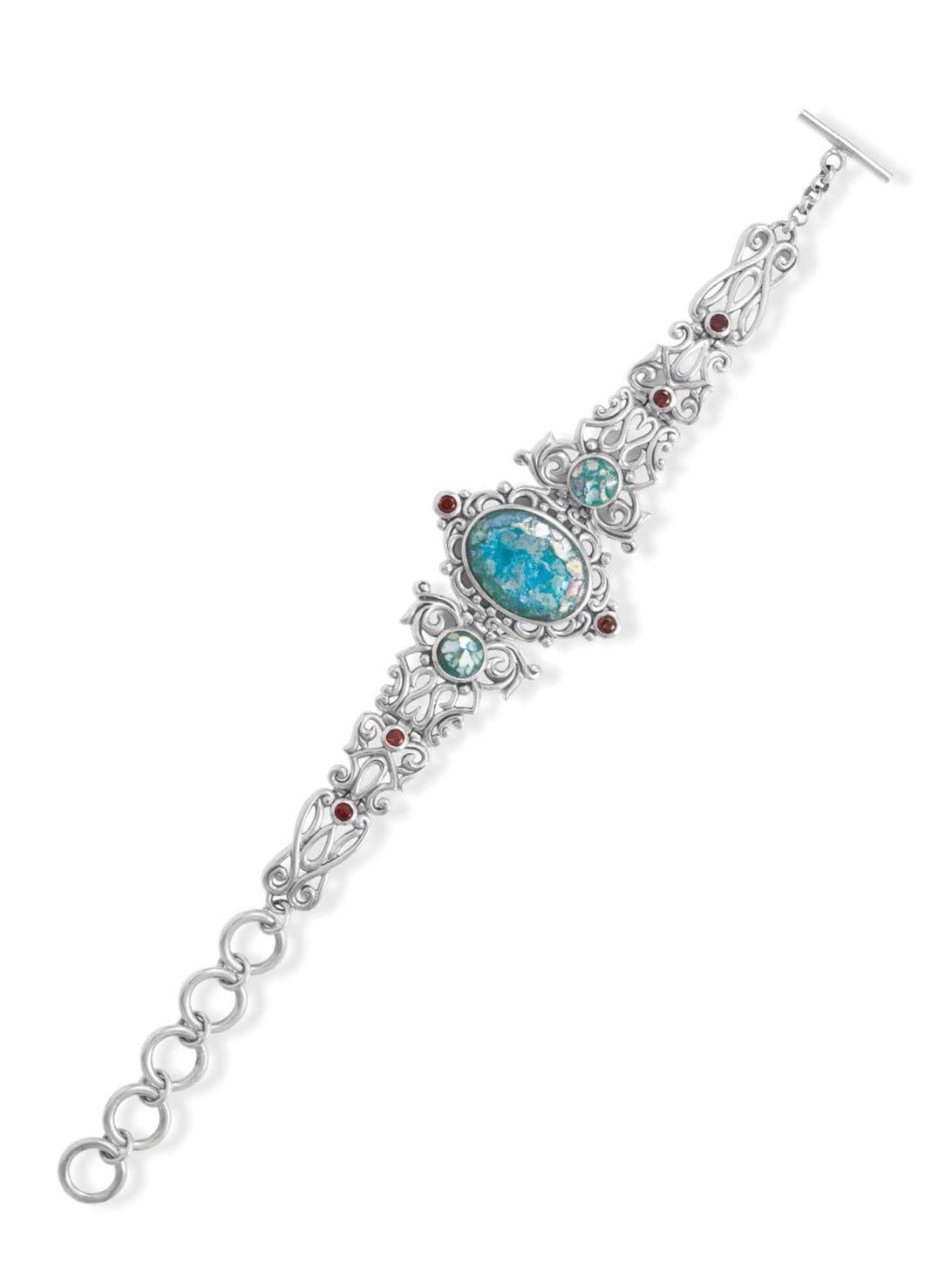 Ancient Roman Glass & Garnet Toggle Bracelet - Sterling Silver Jewelry for Women - Perfect for Weddings, Parties & Special Occasions