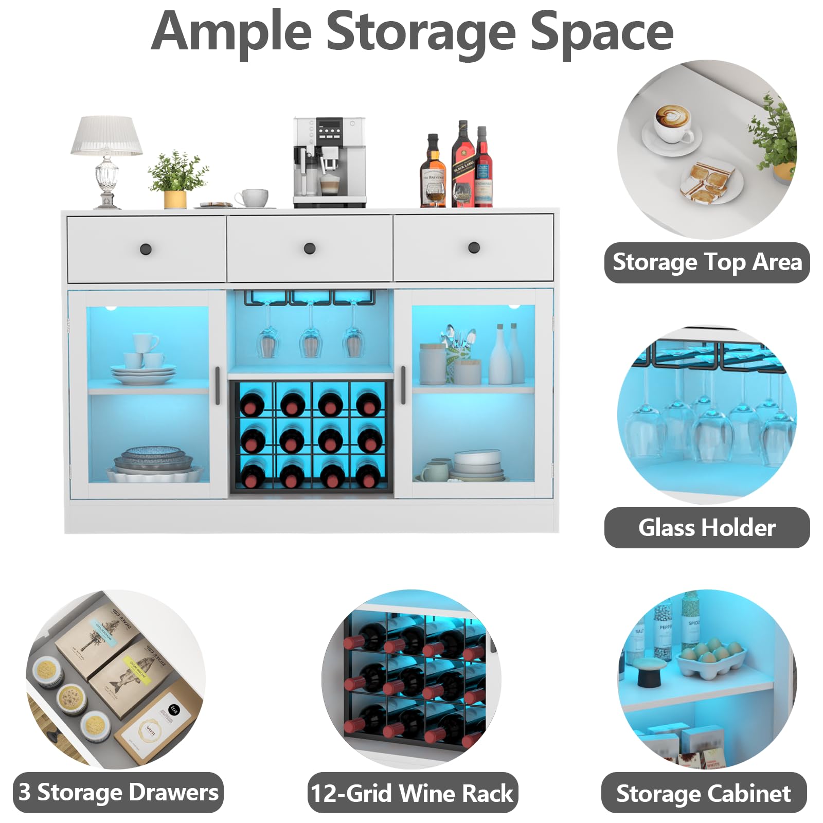 Modern White Wine Bar Cabinet with LED Lights - Kitchen Buffet Sideboard with Adjustable Shelves, Glass Door & Storage Drawers - Perfect for Home Bar, Dining Room & Living Room Storage