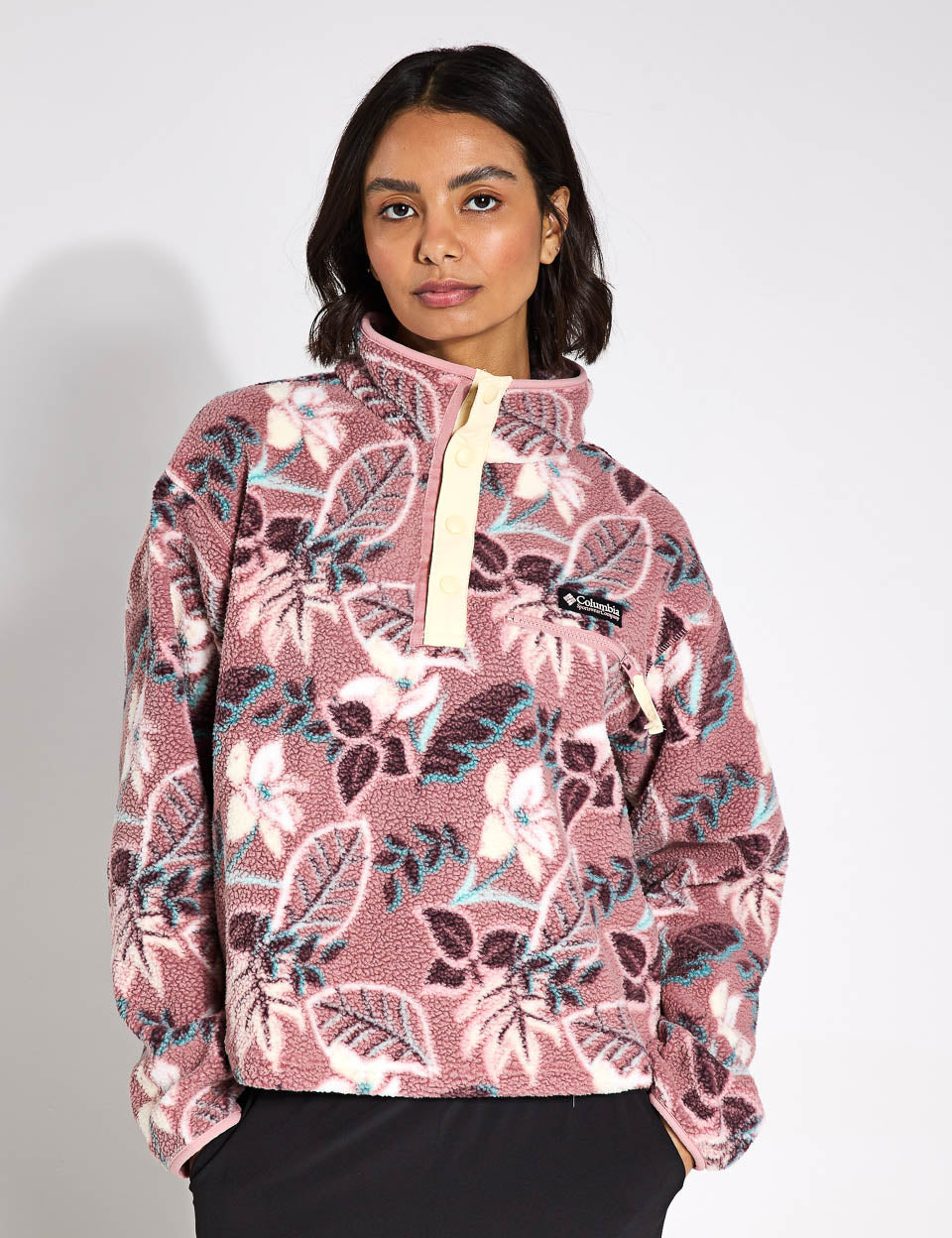Helvetia II Cropped Sherpa Half Snap Printed Fleece Jacket in Fig Pastel Multi Colors - Cozy Winter Outerwear for Women, Perfect for Casual Outings and Outdoor Adventures