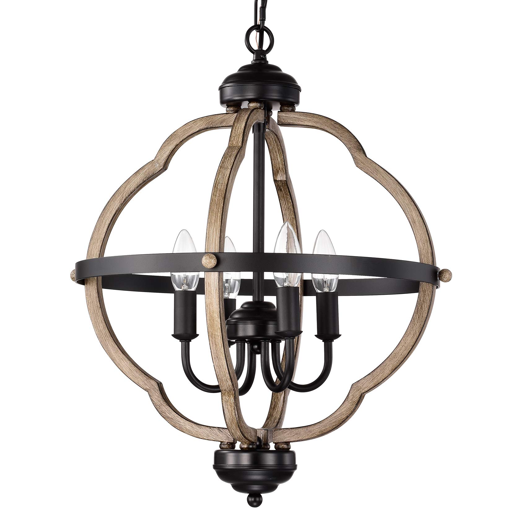 Matte Black Farmhouse Chandelier - 4-Light Adjustable Pendant Lighting with Wood Grain Finish | Industrial Ceiling Light for Kitchen Island, Dining Room, Living Room, Foyer & Entryway | Perfect for Rustic Home Decor and Open Concept Spaces