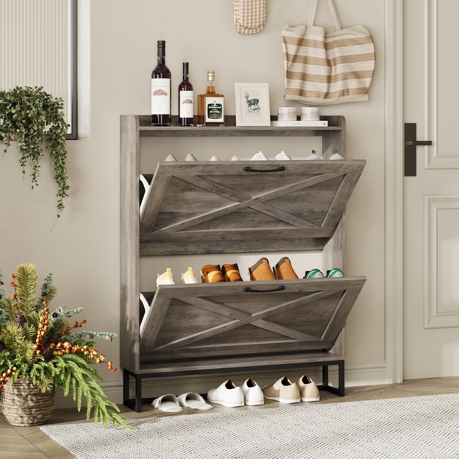 Maupvit Narrow Shoe Cabinet with 2 Flip Drawers - Slim Entryway Shoe Storage Organizer with Metal Legs | Farmhouse Style Free Standing Shoe Rack for Hallway, Closet & Small Spaces